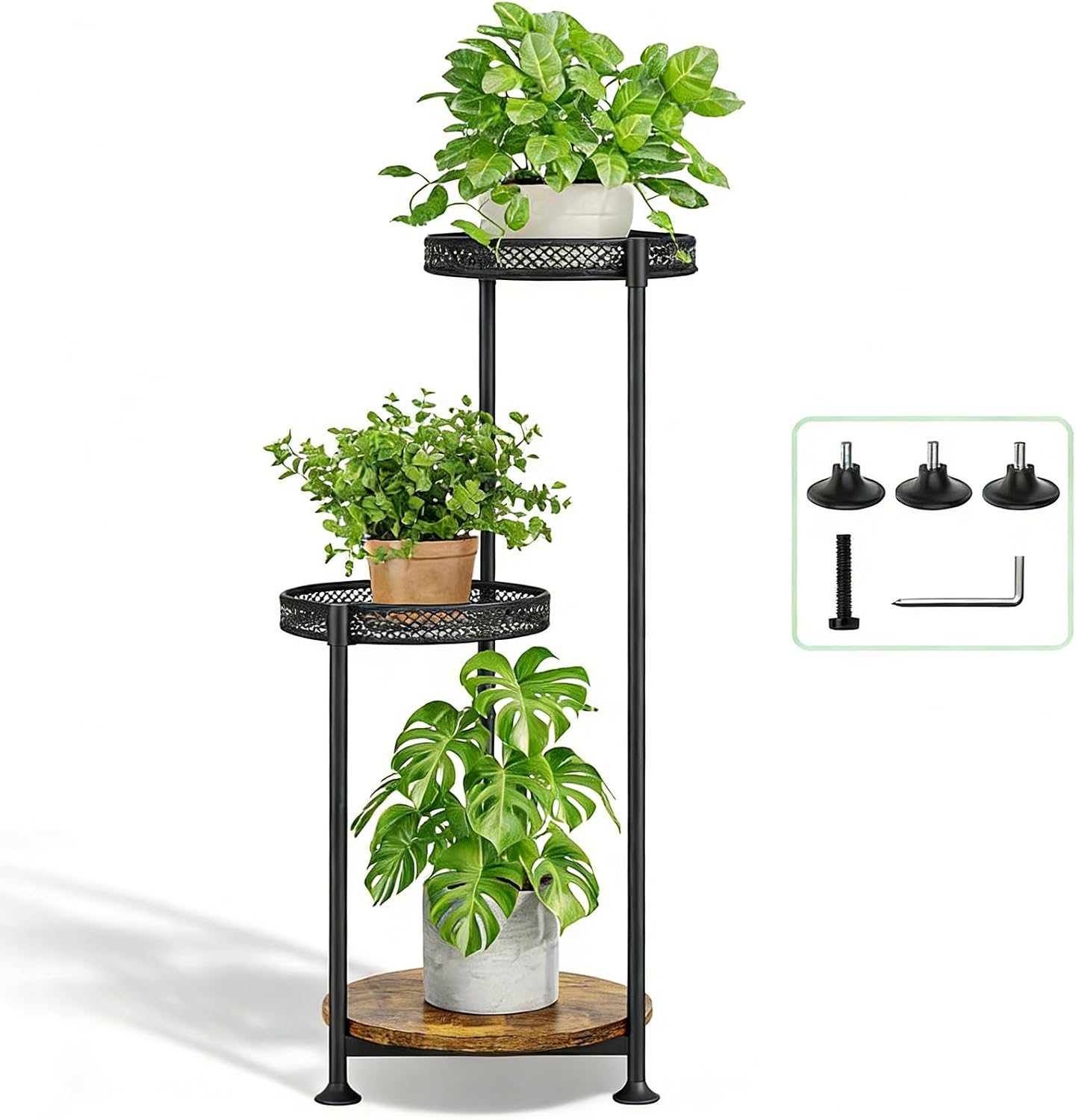 Detalle de Atpddpey 3-Tier Corner Plant Stand, Metal and Wood with Adjustable Feet