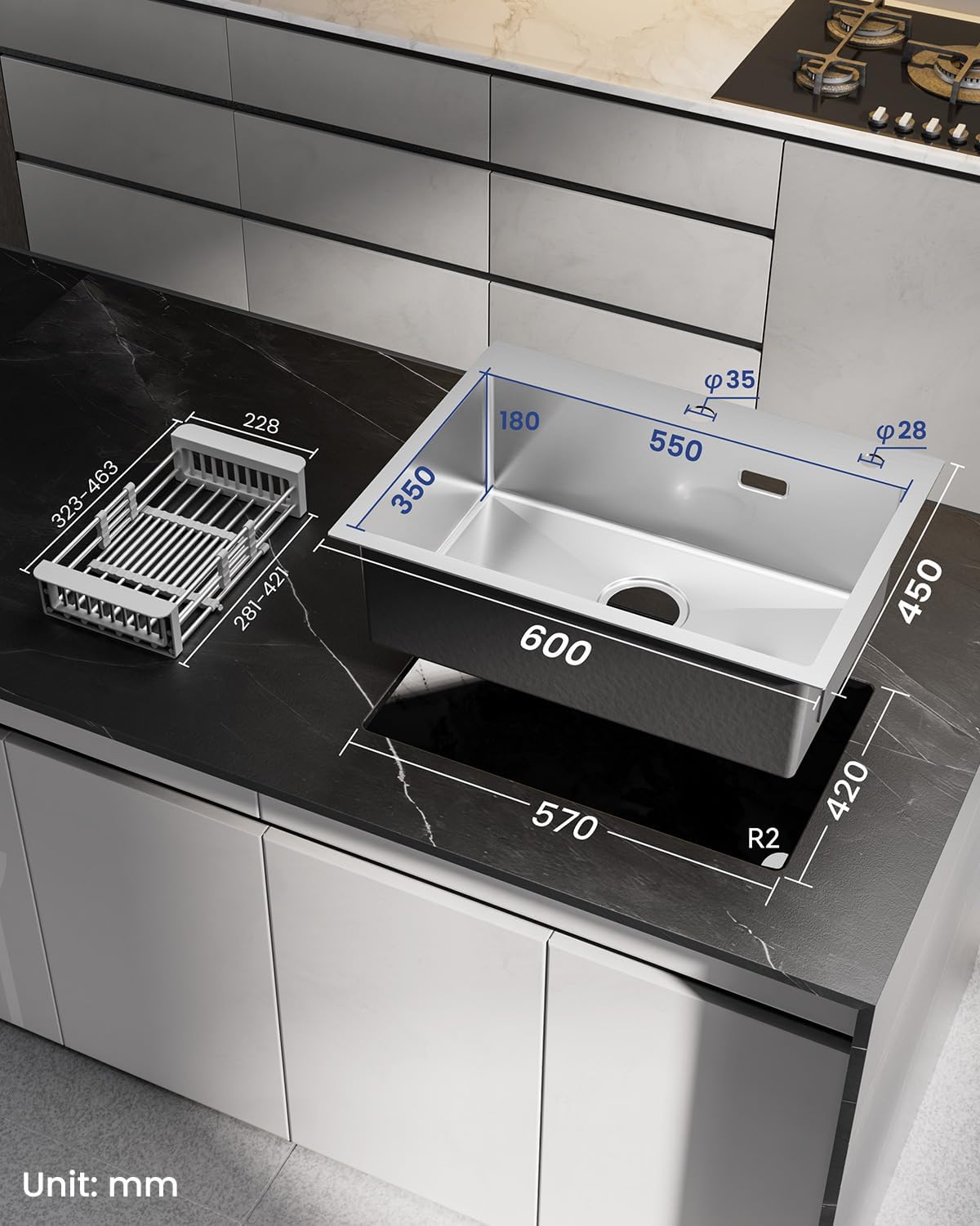 Detalle de Sofetiy Lavello da cucina 60 x 45 cm in acciaio inox SUS 304 con 2 fori per rubinetto e sifone, sotto-piano moderno