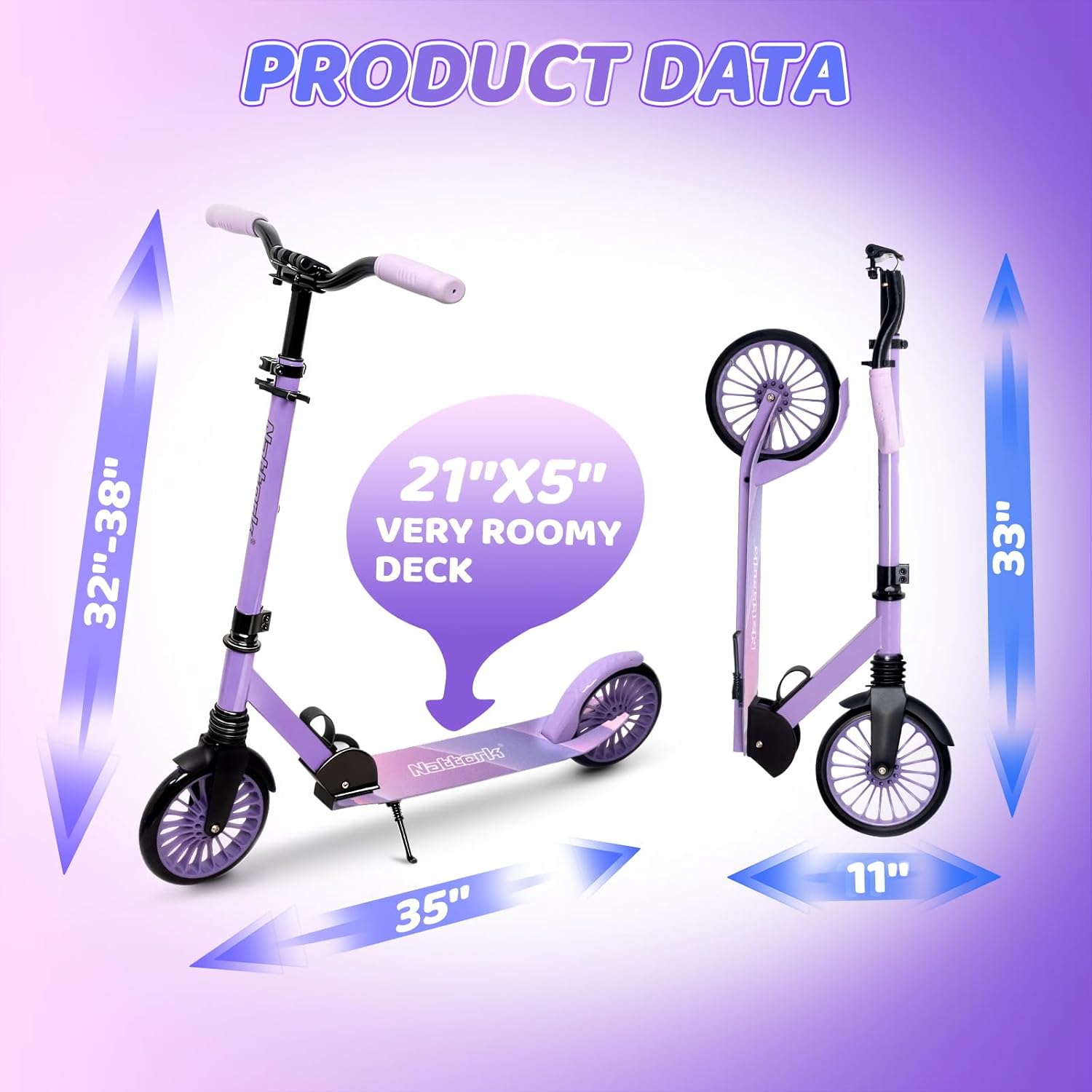 Thumbnail 5 de Nattork Kick Scooter (Age 6+) with Adjustable Handlebar, 8" Wheels, Anti-Shock Suspension — 240 lbs Max Load
