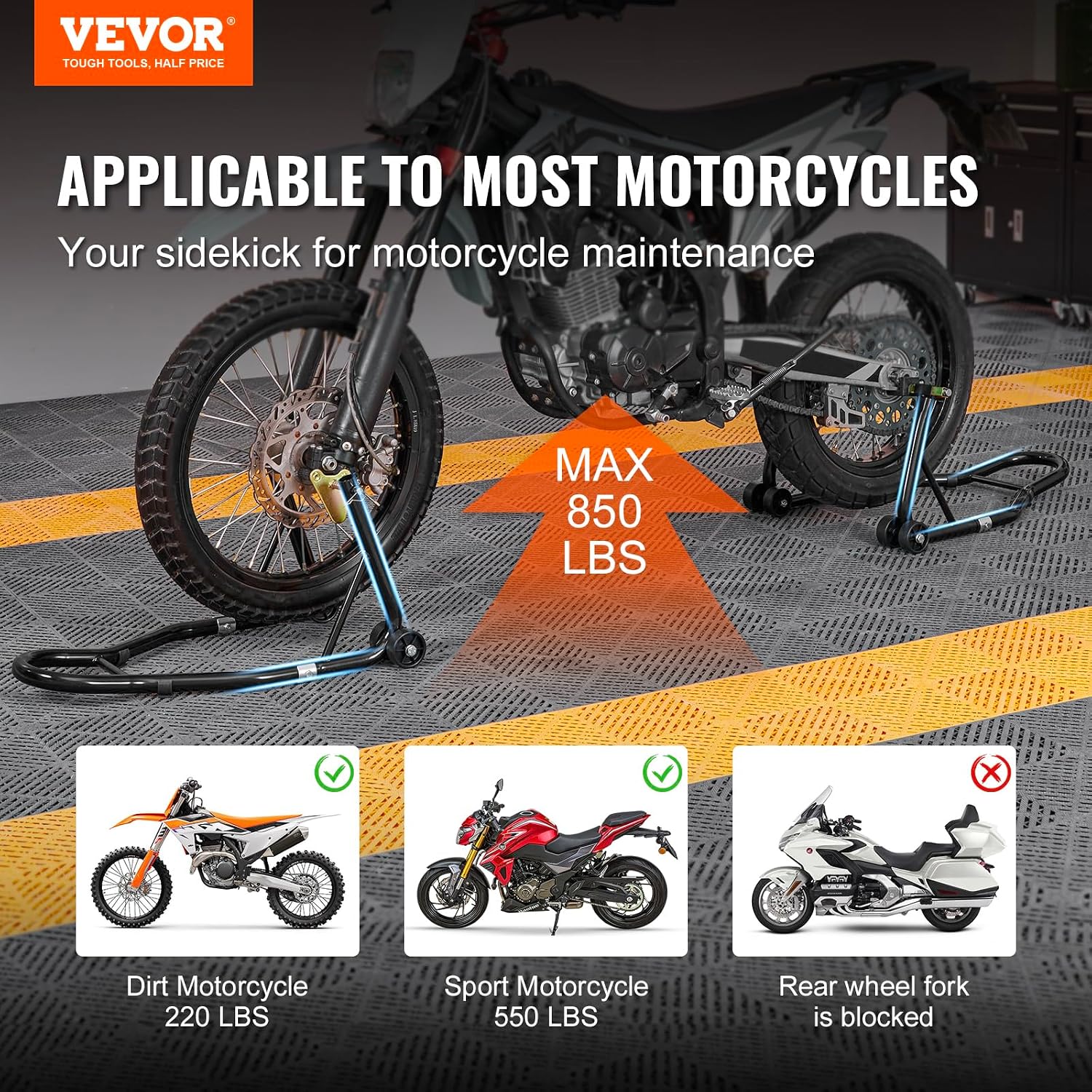 Detalle 2 de Vevor Motorcycle Stand Lift 850 lb Front/Rear Combo (Front Wheel Fork + Rear Swingarm Spool)