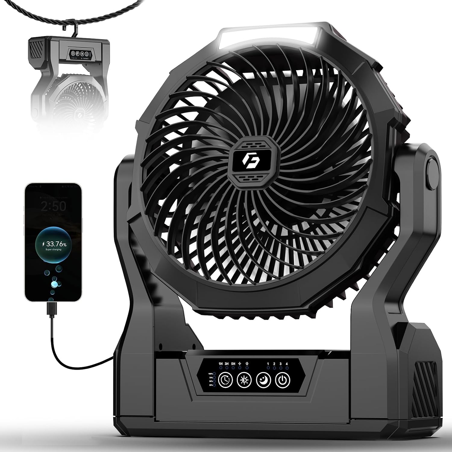 Detalle de XZK 24000mAh Rechargeable Camping Fan with LED Light — 64H Runtime, Portable Tent Fan