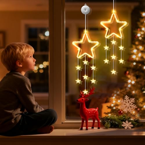Detalle 2 de Dankeled LED Sterne Weihnachtsbeleuchtung – 2er Fenster-Lichterkette mit Timer, warmweiß, 8 Modi