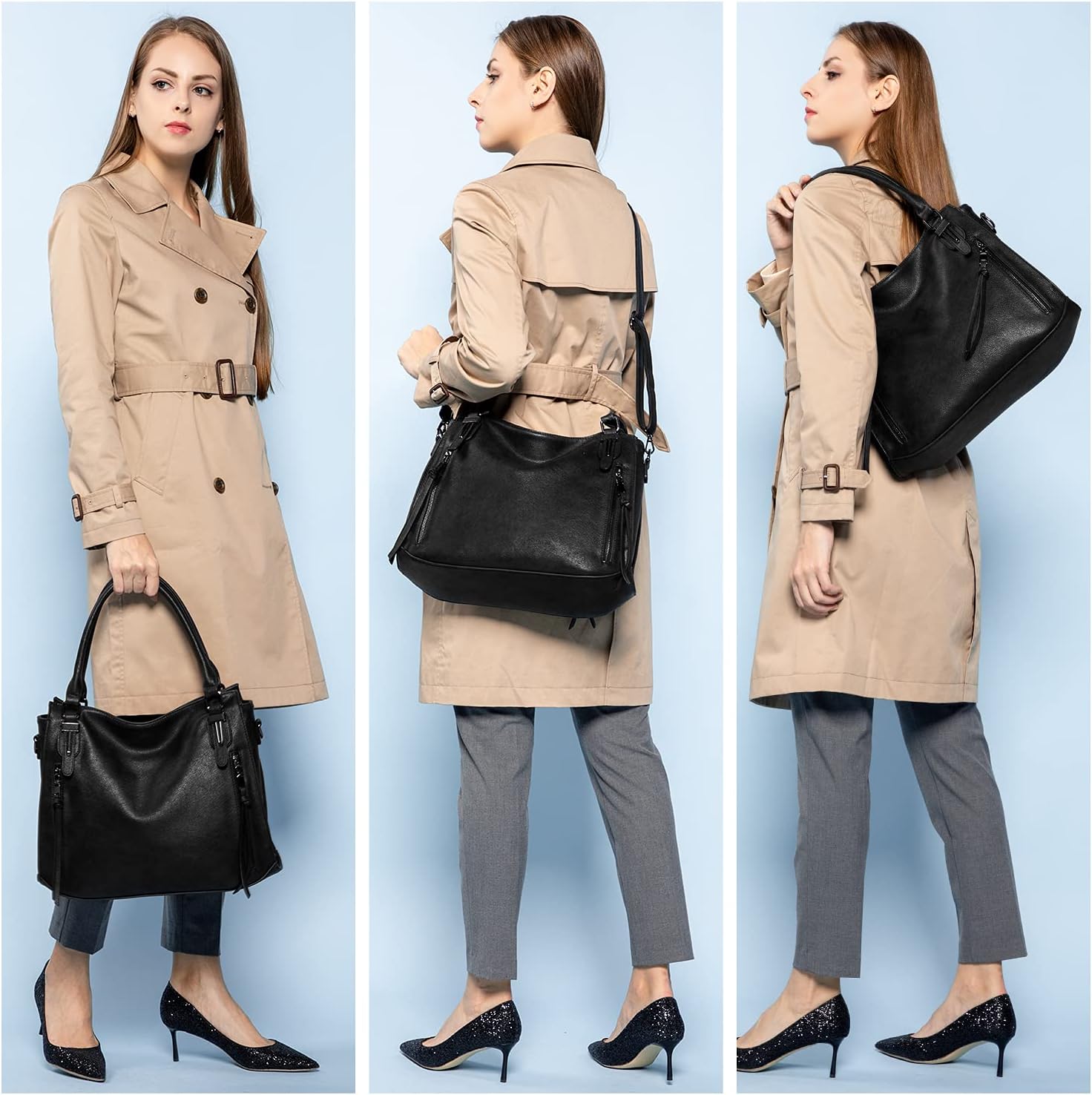 Thumbnail 1 de Realer Borsa Donna Set Medio: Borsa a Mano Ecopelle Nero + Tracolla, 2 Pezzi