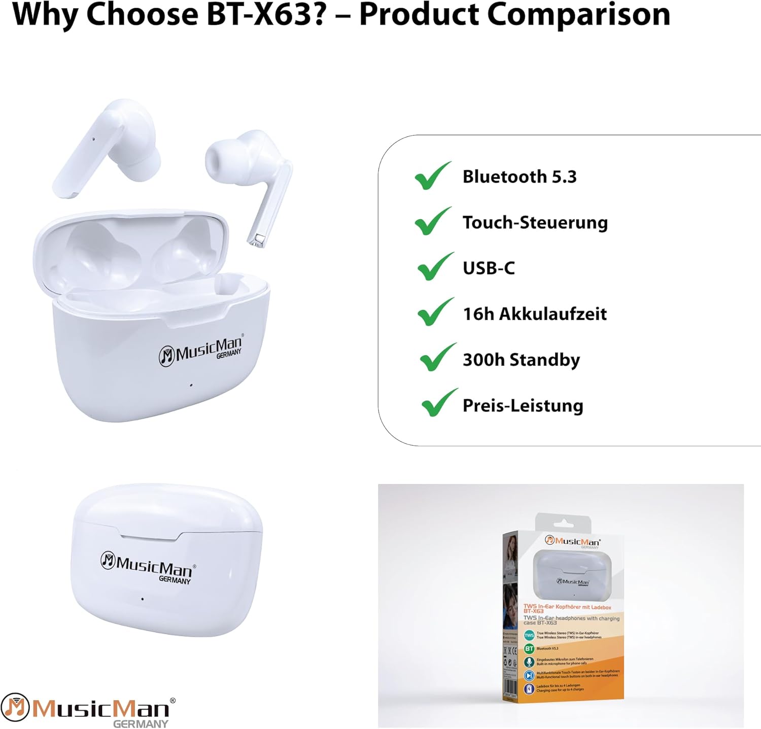 Thumbnail 6 de MusicMan BT-X63: True Wireless In-Ear Kopfhörer mit Ladebox – 16 h Laufzeit, Bluetooth 5.3, USB-C, Mikrofon