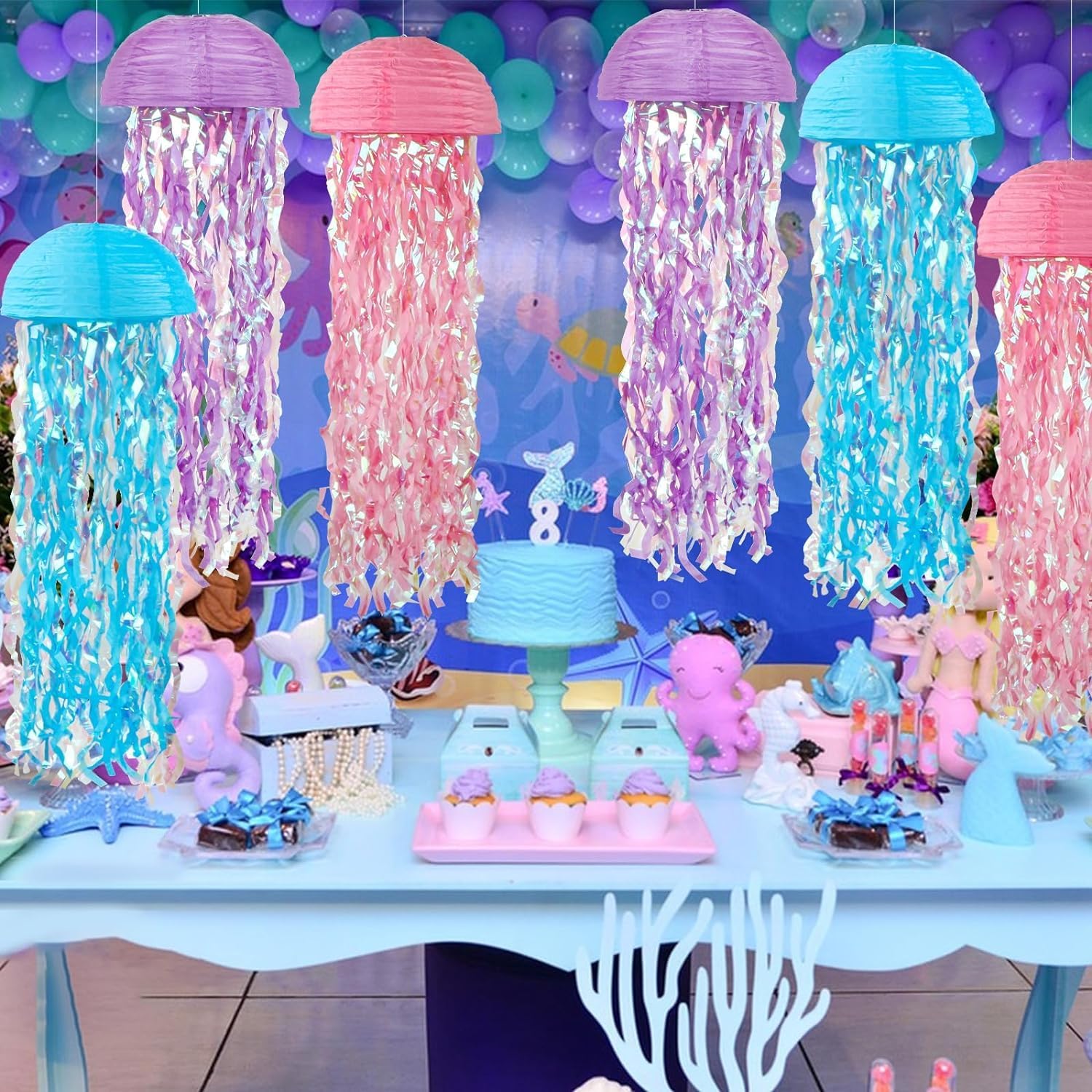 Detalle de Jellyfish Paper Lanterns Hanging Jelly Fish Paper Lanterns (6-Pack) – Pink, Purple & Blue Ocean Theme Party Decor