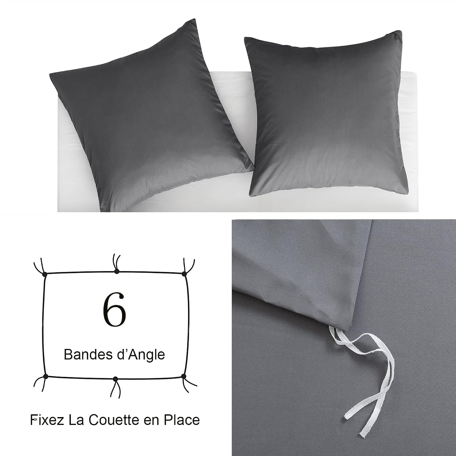 Detalle 2 de Parure de lit AYSW 16 couleurs : housse de couette 140x200 cm + taie 65x65 cm en microfibre grise