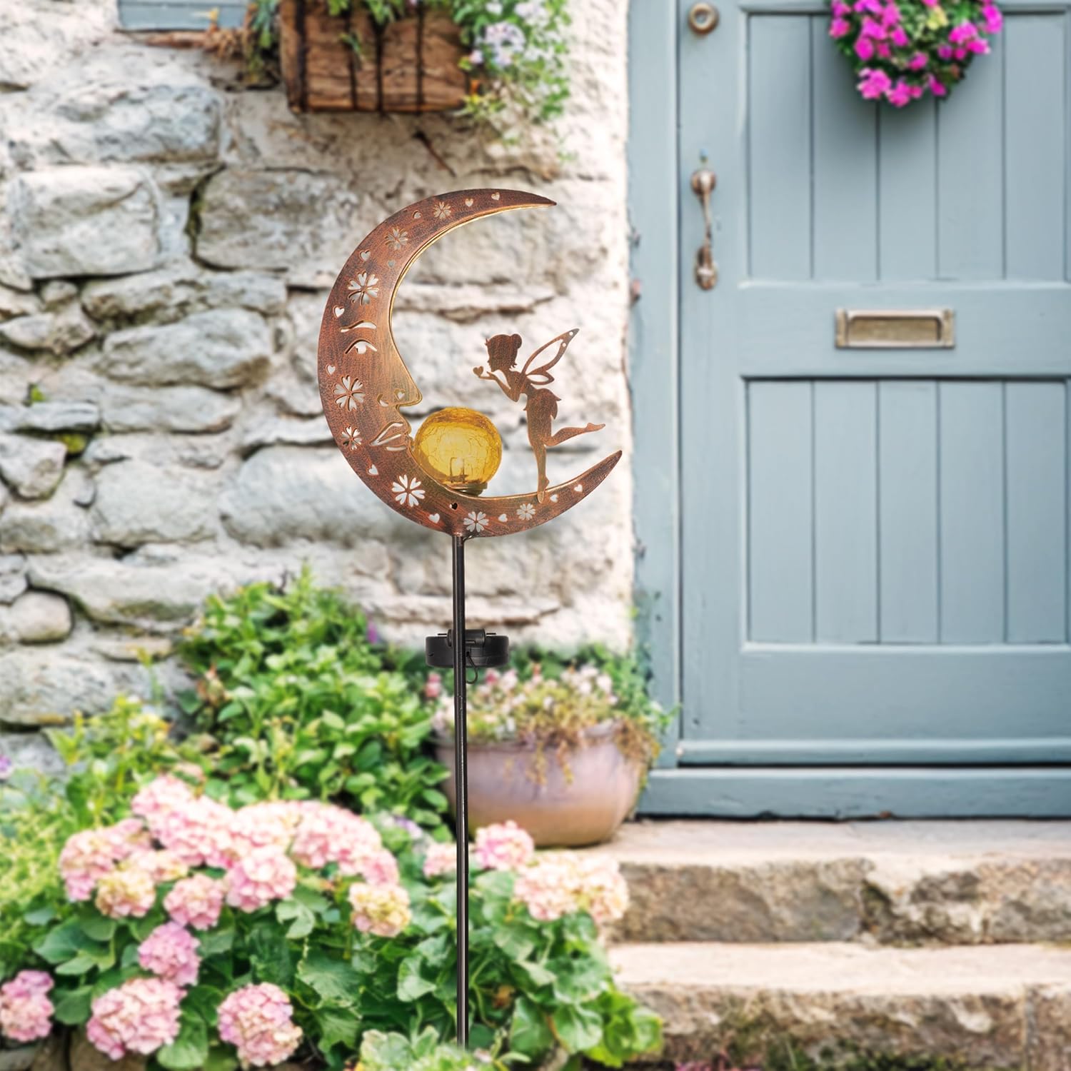 Thumbnail 1 de TERESA'S COLLECTIONS 100cm High Moon Solar Lights Outdoor Garden Fairy Stake with Warm LED & Crackle Glass Ball