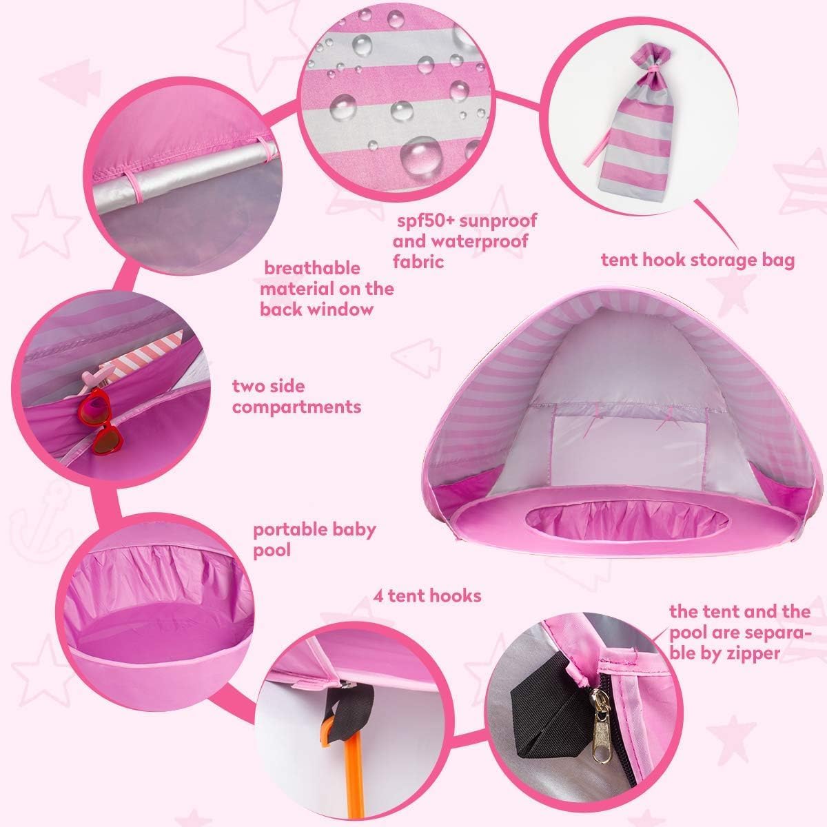 Detalle 2 de Pop Up Baby Beach Tent with Automatic Sun Shade & Mini Pool (Pink)