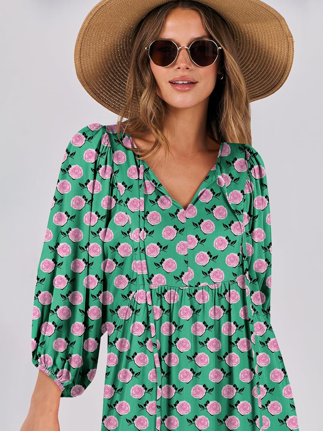 Thumbnail 4 de ANRABESS Womens Boho Maxi Dress 2026 Summer V Neck Puff Sleeve Floral Flowy Swing Dress
