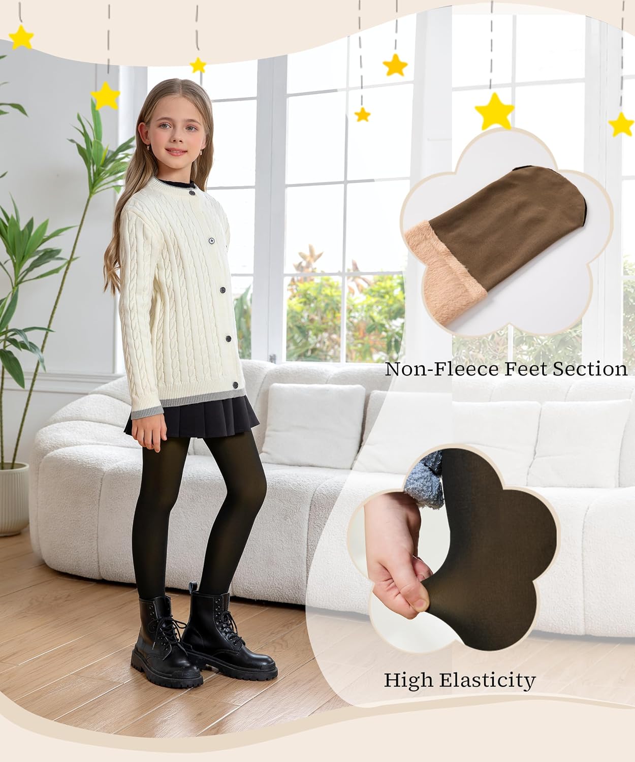 Detalle de Hiltzo Girls Fleece-Lined Winter Tights with Faux Sheer Look
