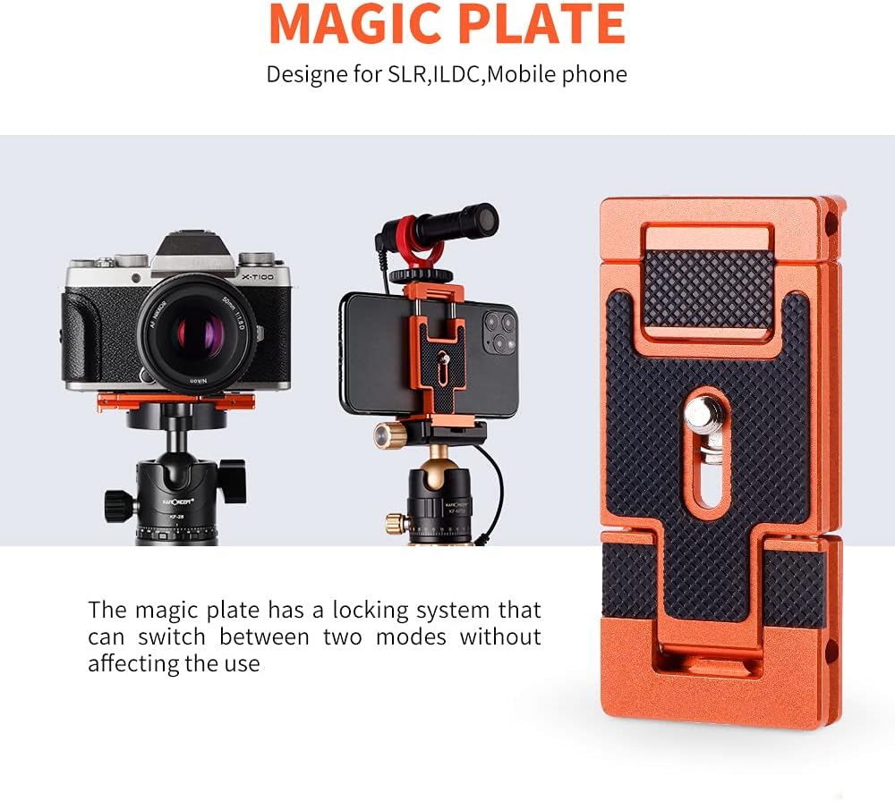 Thumbnail 1 de K&F Concept Smartphone Tripod Mount: Aluminium Quick Release Plate with 1/4 Inch Screw (Orange)