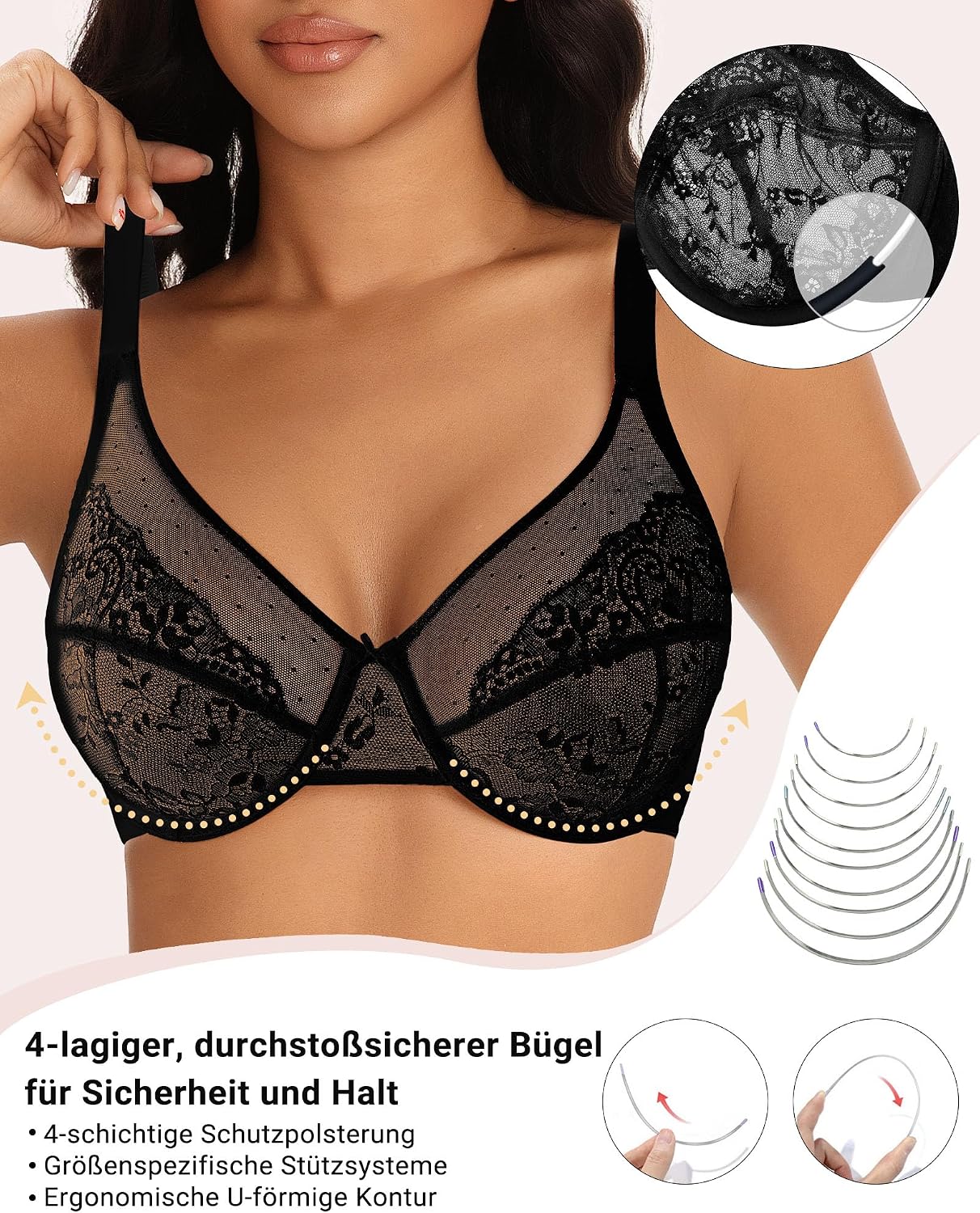 Detalle de As Fairy BH für Große Brüste – Spitzen BH mit Bügel, Netzstoff, Komfort & Stütze in Große Größen