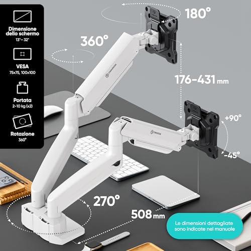 Thumbnail 1 de ONKRON G160-BW Braccio Monitor Doppio per Scrivania 13"-32", 2×10 kg, VESA 75x75/100x100, Bianco - Installazione edge o foro