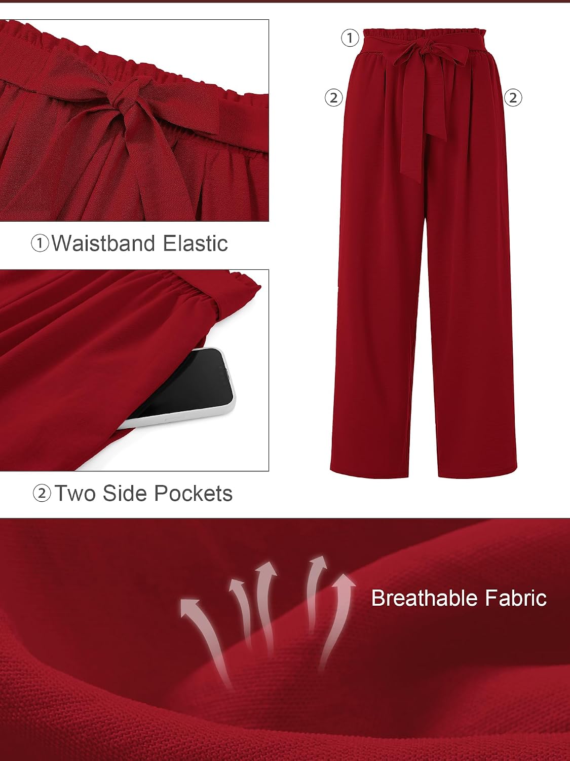 Detalle de AusLook Plus-Size Wide-Leg Palazzo Pants with High Waist, Tie and Pockets