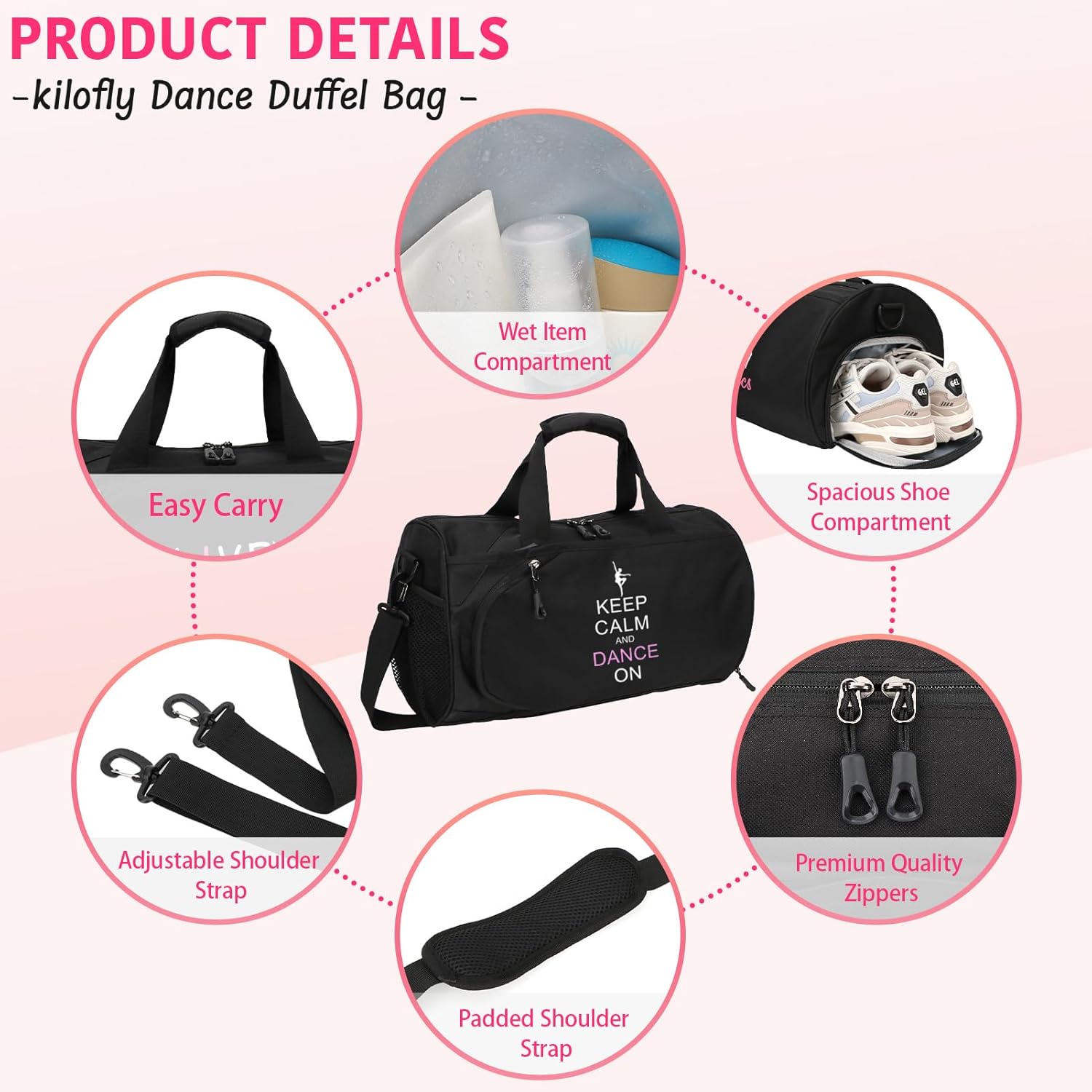 Detalle de Kilofly Keep Calm Dance ON Girls Ballet Sports Gym Duffel Bag – 43 x 26 x 26 cm