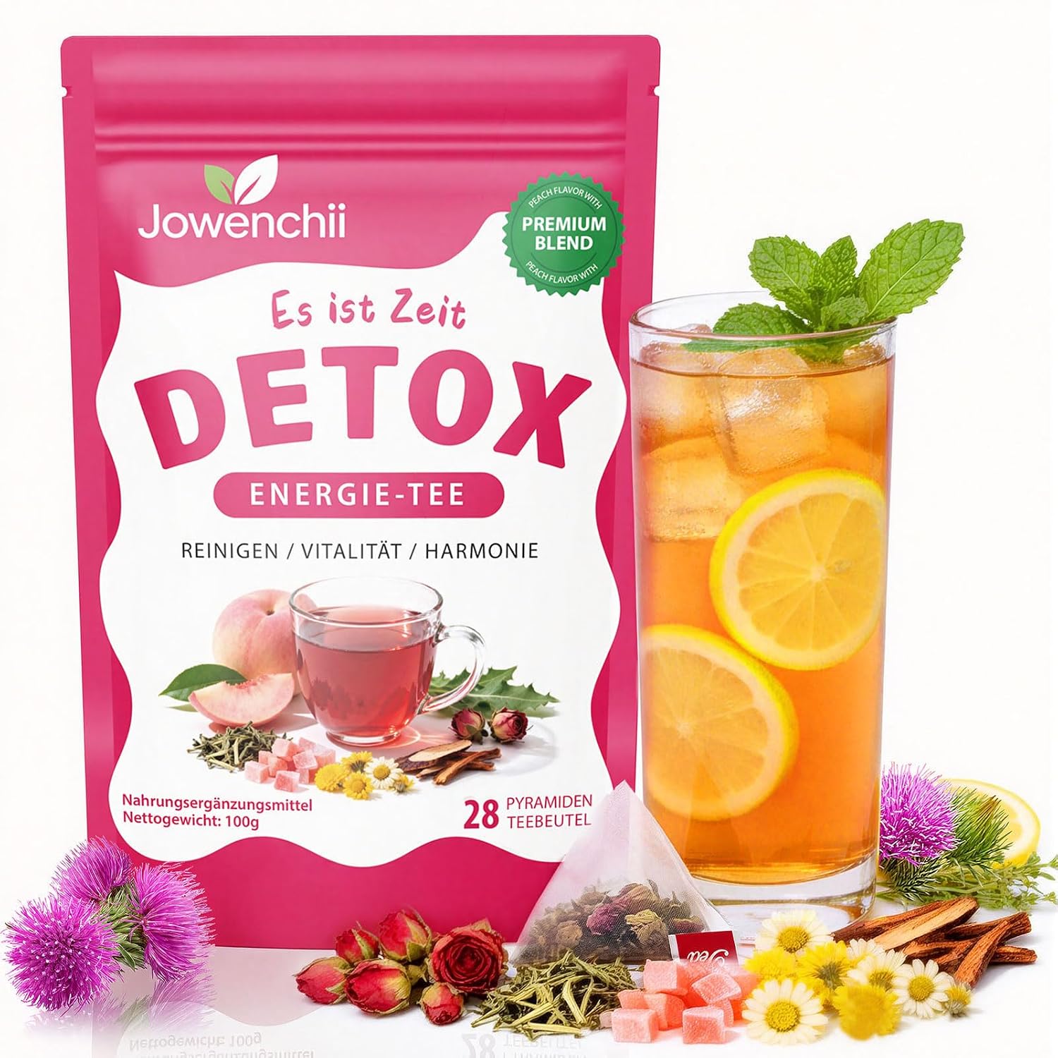 Detalle de Detox Tee zum Abnehmen & Leberfunktion – 28 Tage Kräutertee mit Mariendistel, Löwenzahn, Ginseng & Ingwer