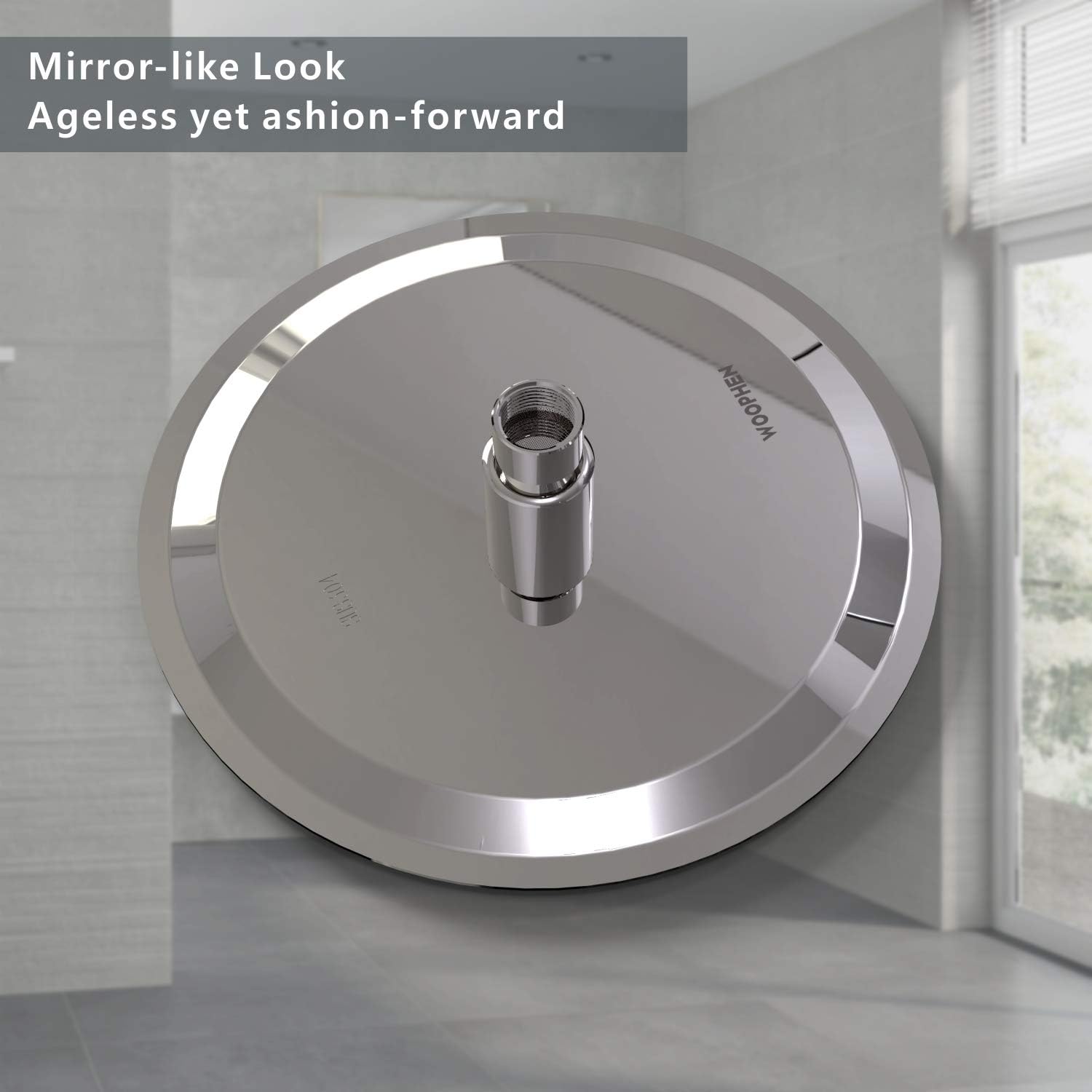 Detalle de WOOPHEN 8-Inch High Pressure Rain Shower Head with 304 Stainless Steel and Chrome Finish