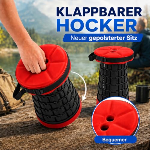 Detalle de HAPPY DAYS Klappbarer Hocker Campinghocker 2026 – gepolsterter Sitz, höhenverstellbar, belastbar bis 280 kg