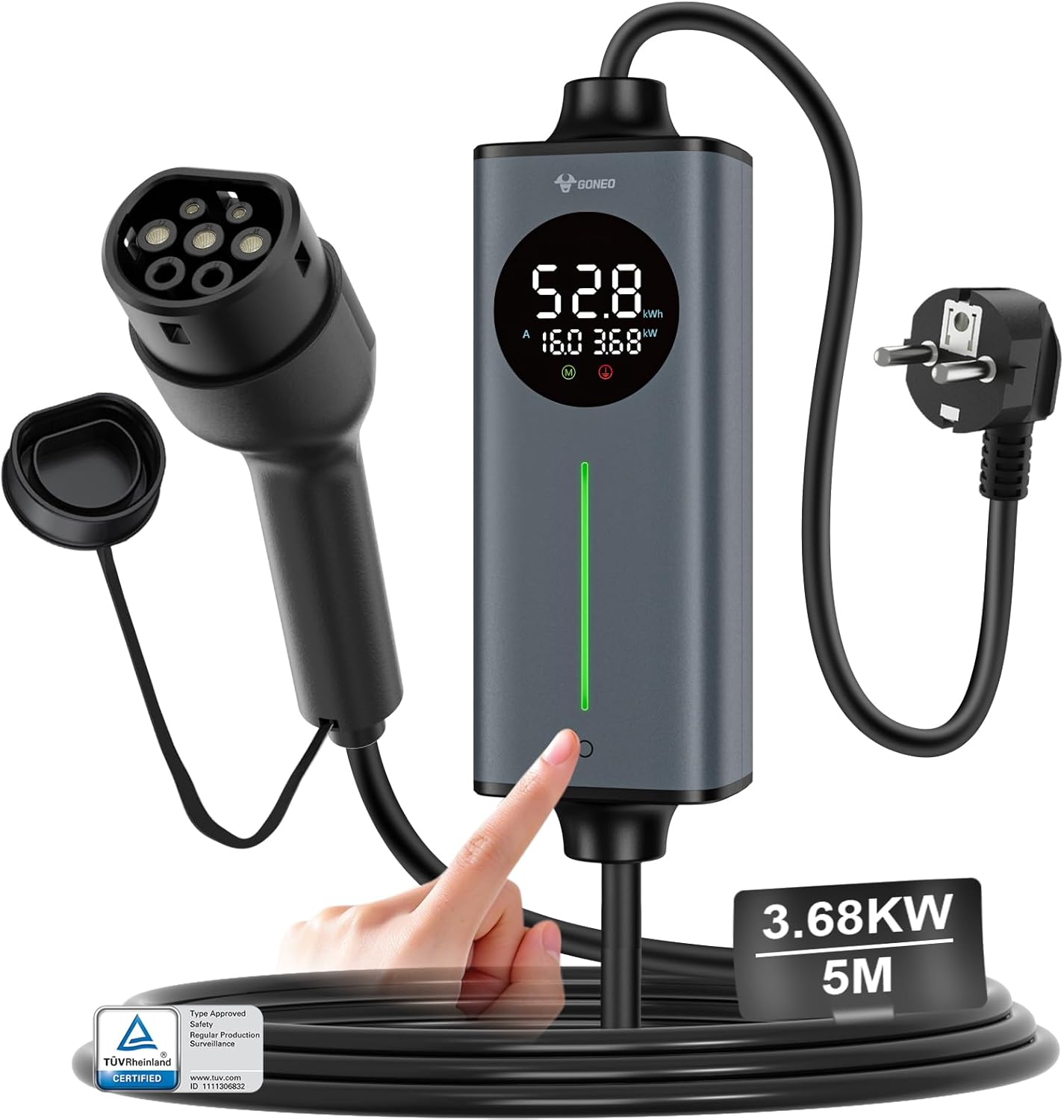 Detalle de GONEO Cavo Ricarica Auto Elettrica Tipo 2 Schuko 16A 3,68kW monofase, 5 m con sensore di temperatura e protezione CA/CC