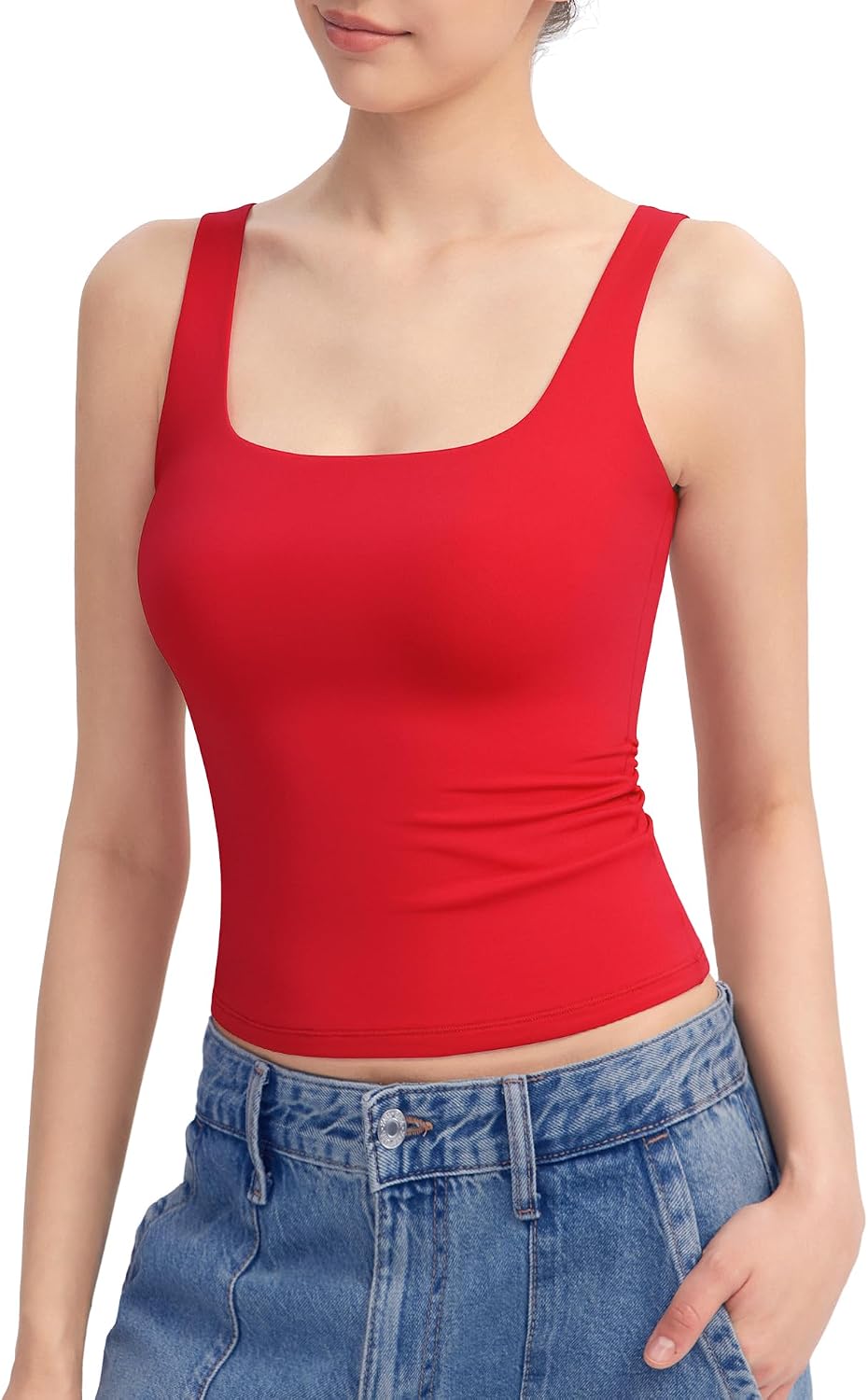 Detalle de PUMIEY Women's Square Neck Tank Top: Double-Lined, Sleeveless, Sharp Collection