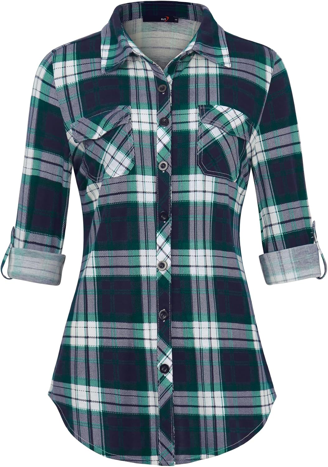 Detalle de DJT Damen Bluse Kariert Langarm Roll-Up