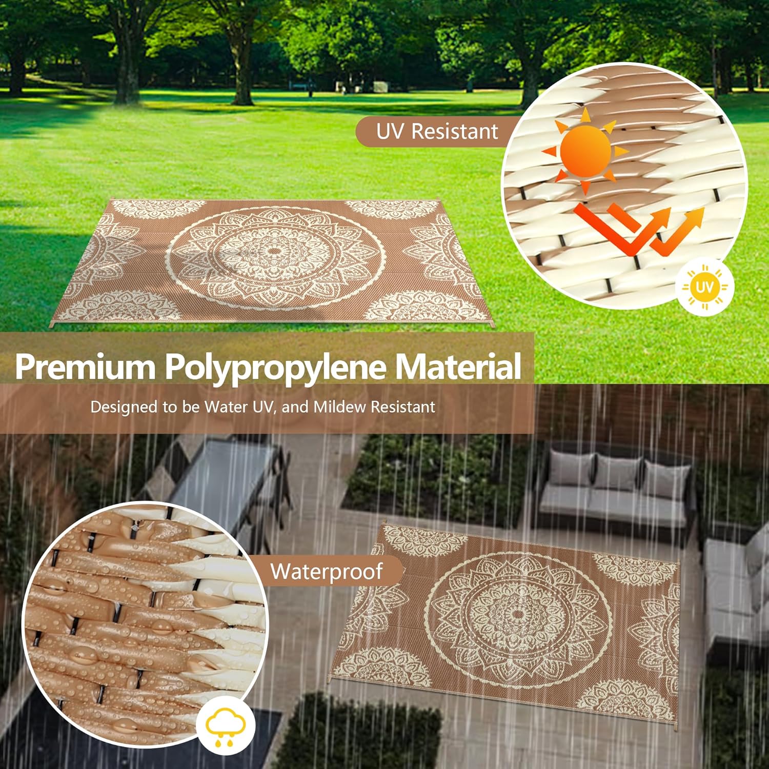 Thumbnail 3 de Famibay Outdoor Rugs Plastic Straw Waterproof Patio Rug (150 x 245 cm) – Reversible UV Resistant Indoor Outdoor Mat, Brown Beige