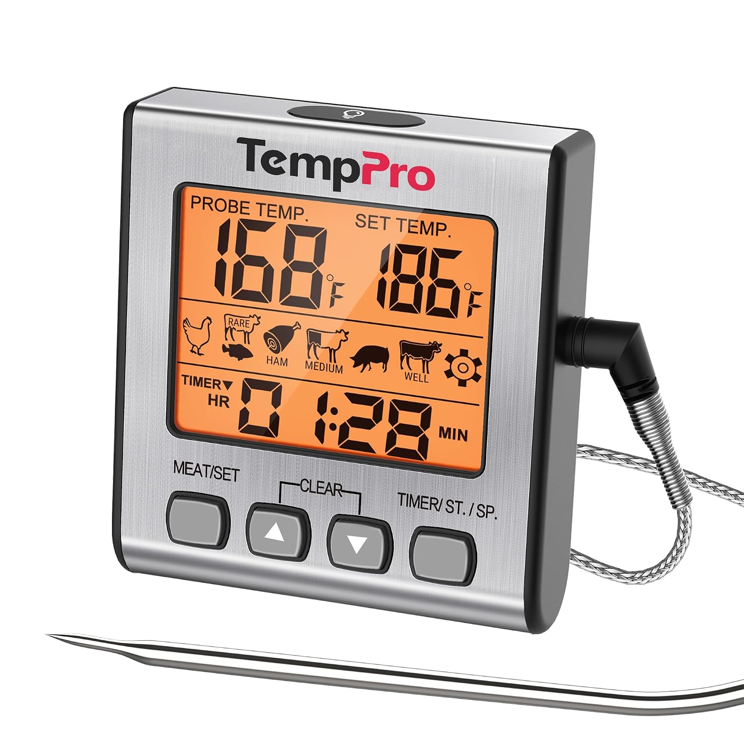 Detalle de TempPro TempTrack Digital Meat Thermometer with Backlight, Timer and 6.5-inch Probe