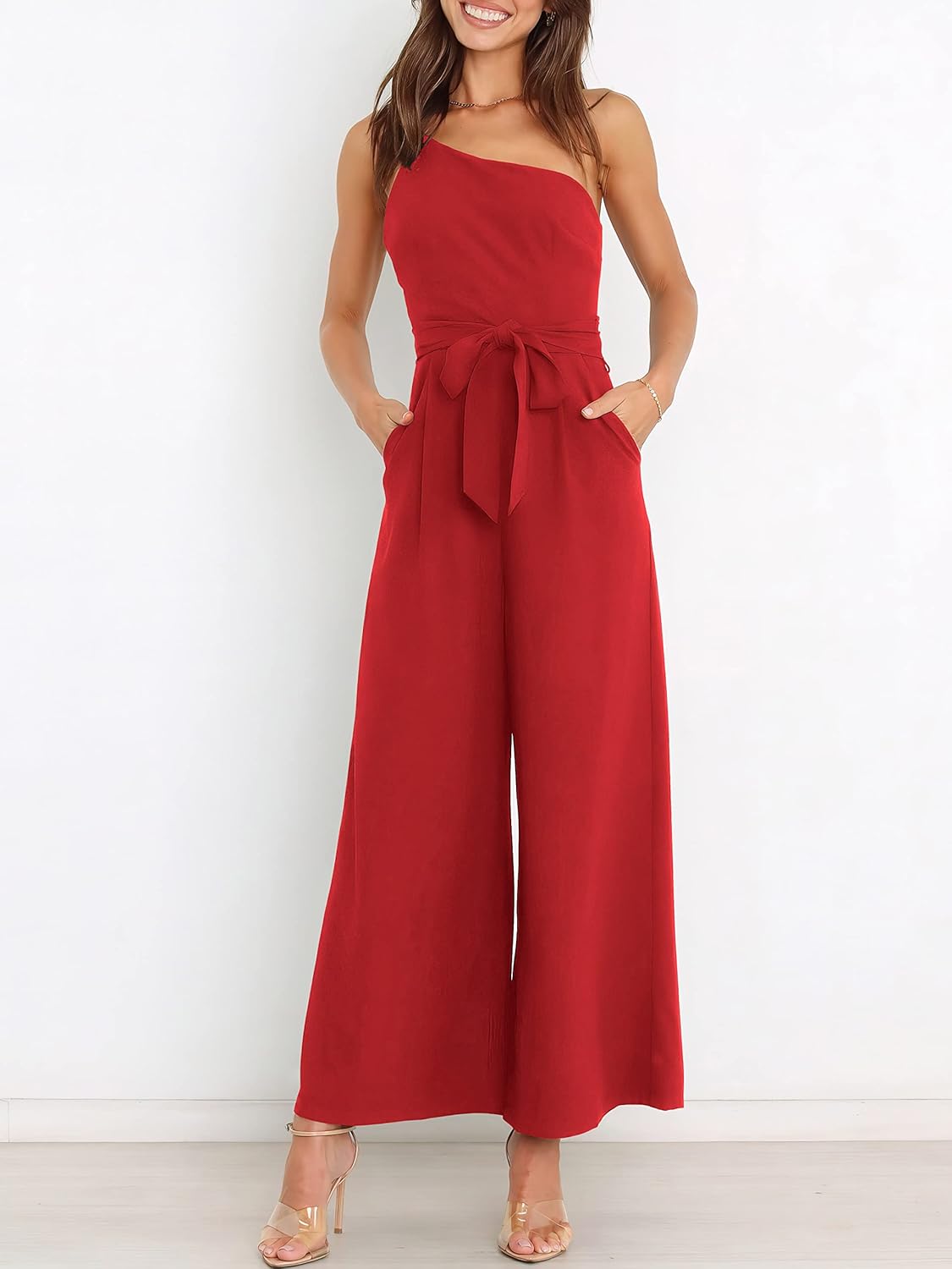 Thumbnail 4 de ANRABESS One-Shoulder Sleeveless Jumpsuit Romper with Tie-Waist & Hidden Pockets (Women’s)
