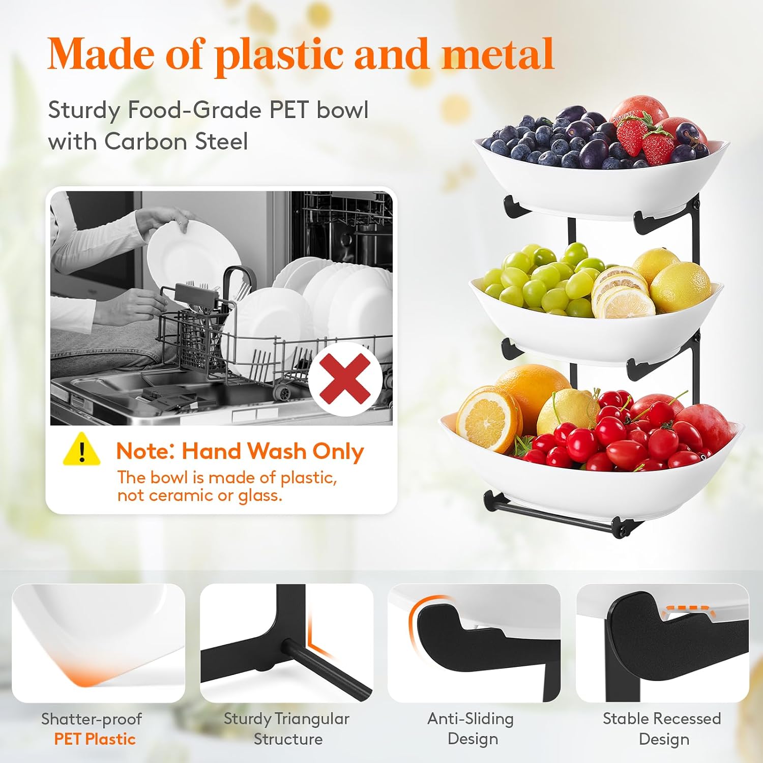 Detalle de Lifewit 3-Tier Plastic Fruit Bowl with Black Metal Stand for Kitchen Counter (PET, stackable trays)
