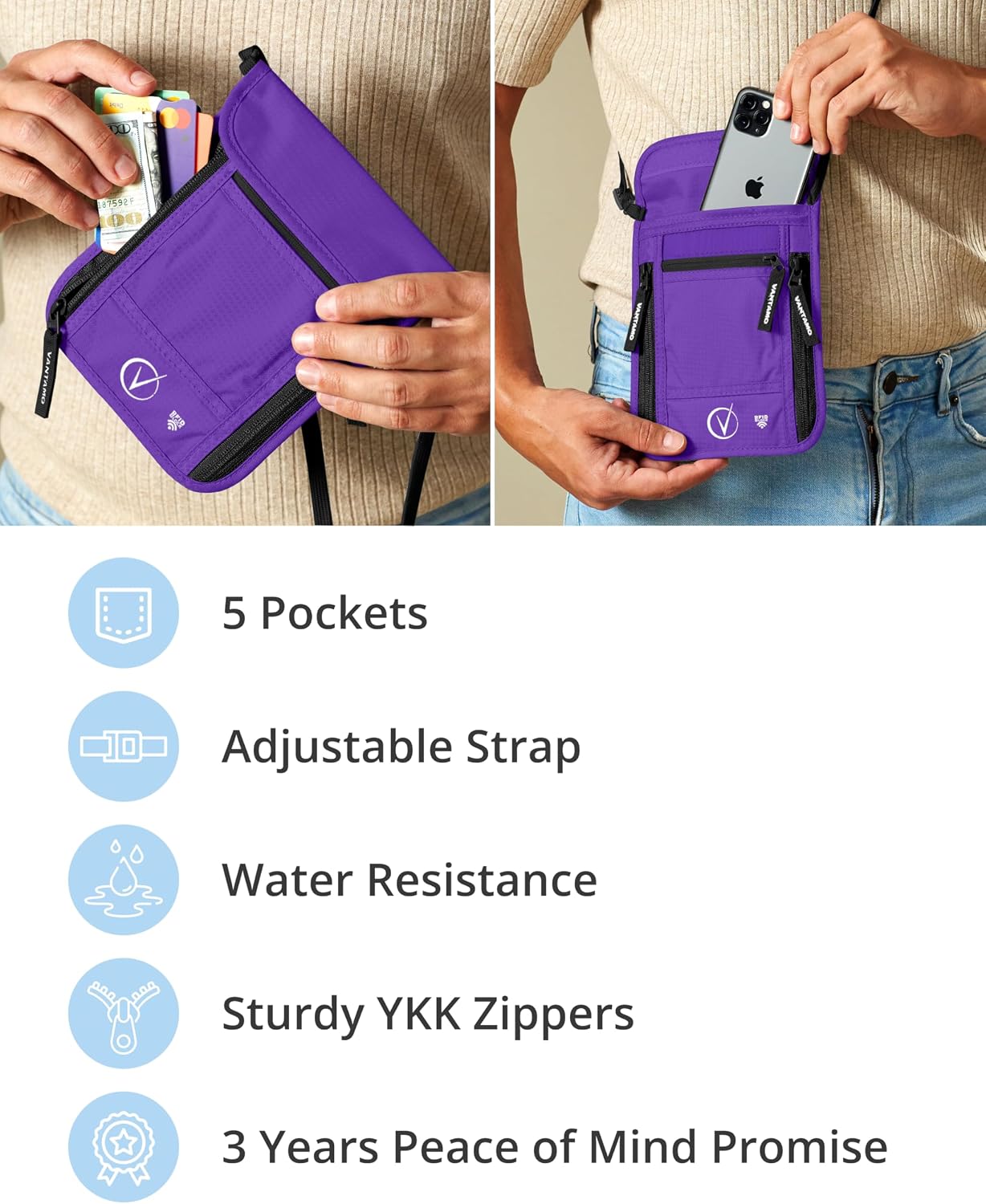 Detalle de Vantamo Premium Neck Wallet for Travelling: RFID‑Protected Passport Bag with Adjustable Strap