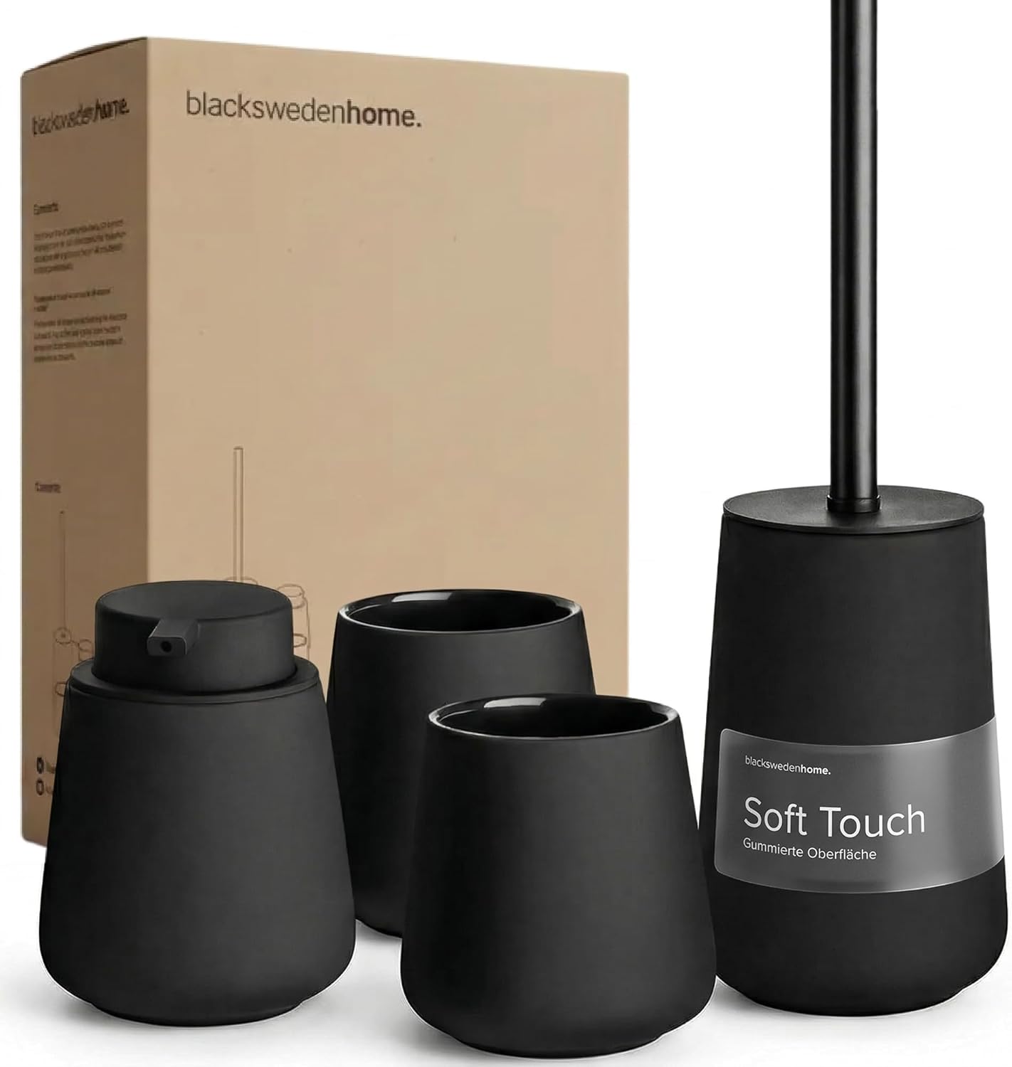 Detalle de Black Sweden Home ensemble salle de bain noir mat : distributeur de savon, gobelets et brosse WC en céramique