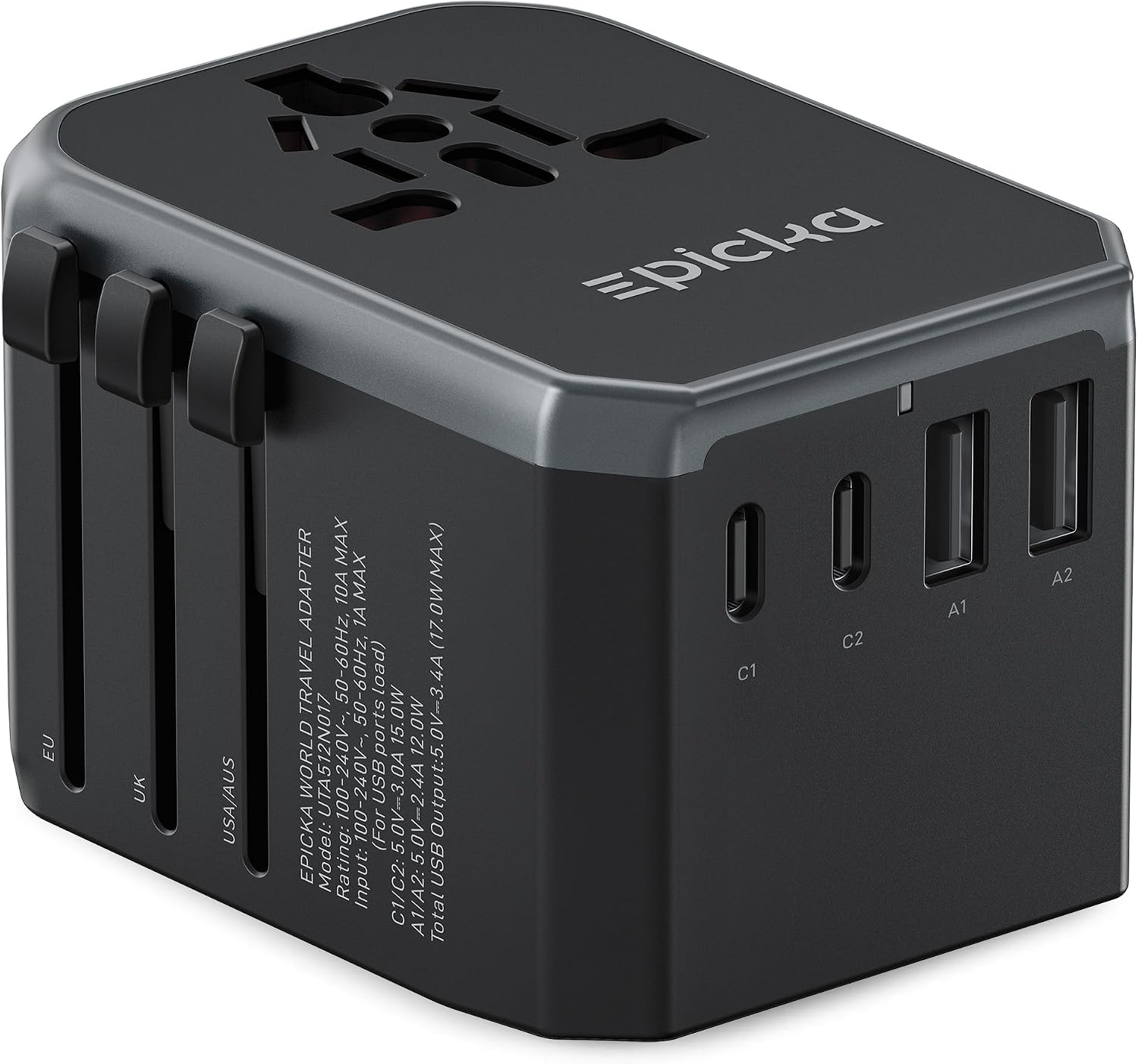 Detalle de EPICKA Reiseadapter Weltweit – Universal-Reisestecker mit 2 USB-C, 2 USB-A und AC-Dose (TA-104e)