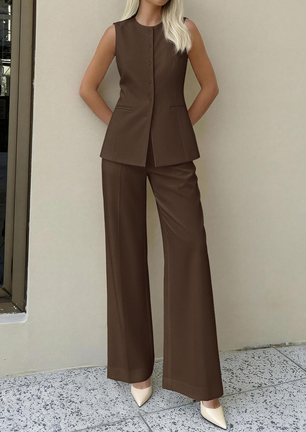 Thumbnail 2 de PRETTYGARDEN Women's 2-Piece Sleeveless Blazer Vest & Wide-Leg Pants Set