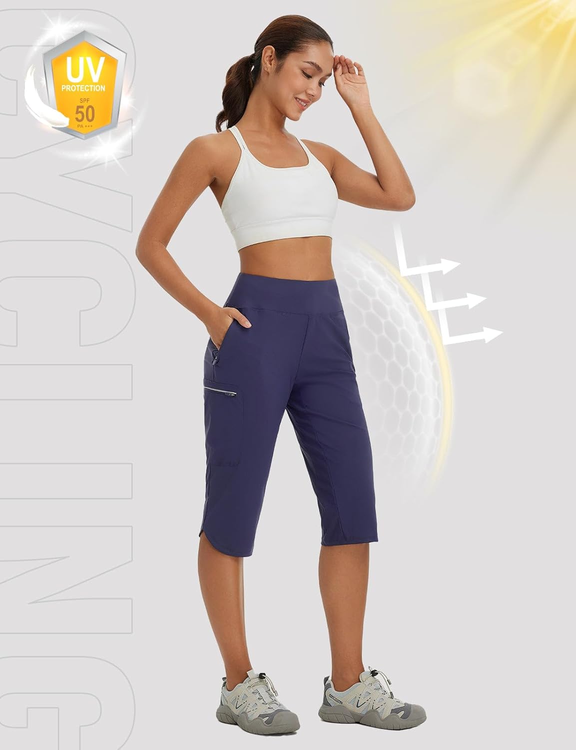 Thumbnail 2 de baleaf Damen Wanderhose Cargohose Capri atmungsaktiv, elastisch & schnelltrocknend mit Reißverschlusstaschen