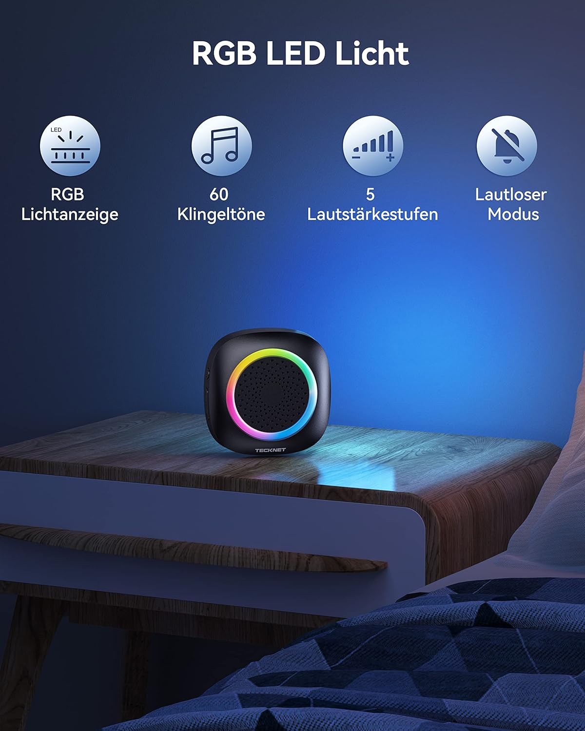 Detalle de TECKNET Funkklingel-Set (kabellos, batteriebetrieben) mit RGB-Licht, 60 Melodien und IP66