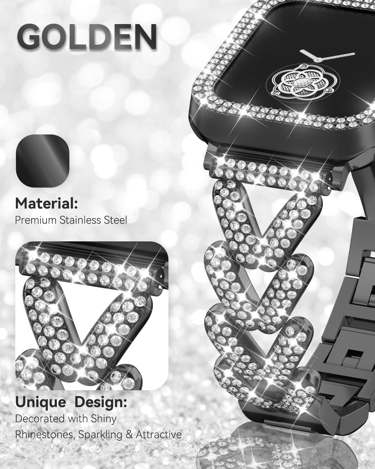 Detalle de Rhinestones Encrusted Metal Bracelet and Case for Apple Watch (38mm–49mm) in Bling Gold