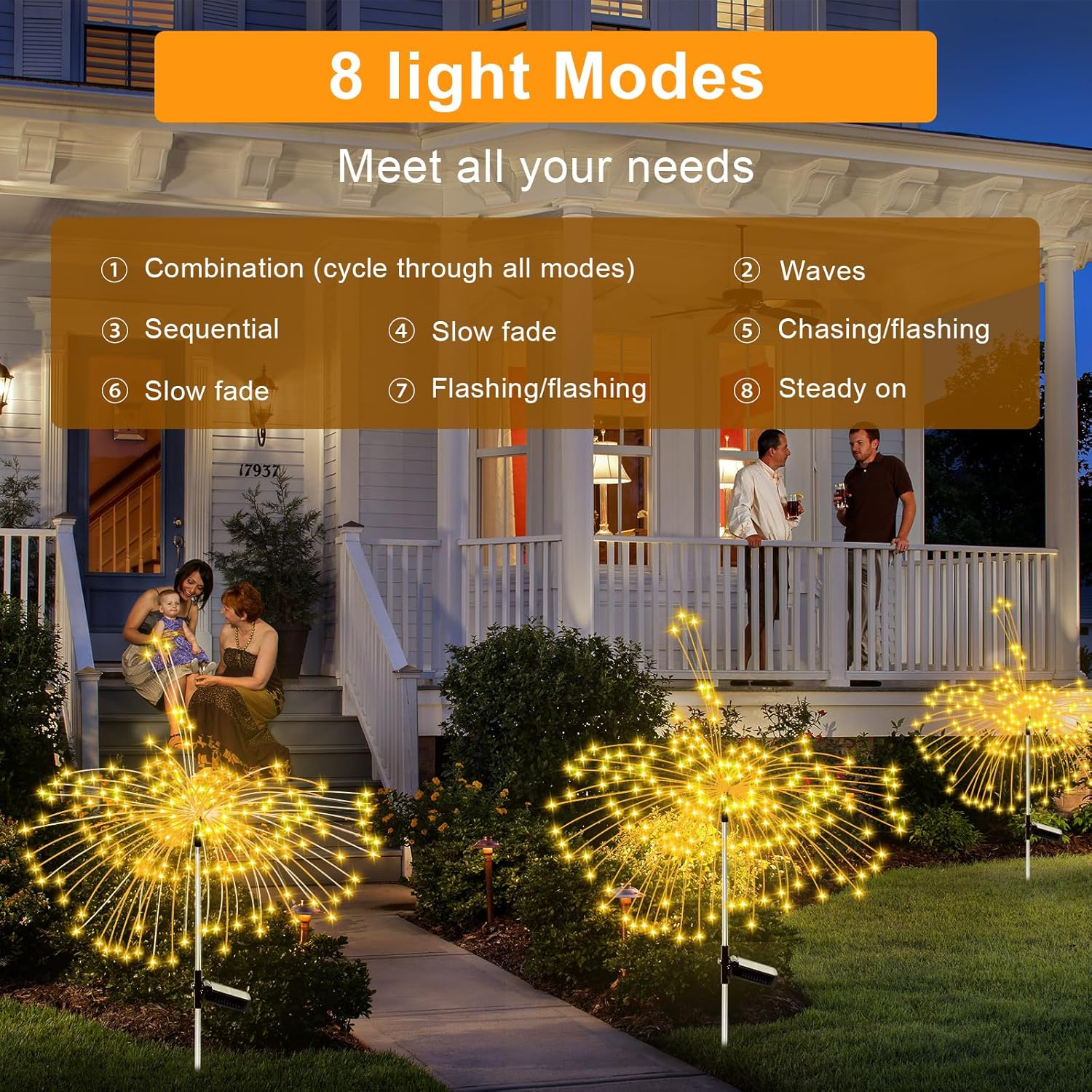 Thumbnail 5 de Solar Lights Outdoor Garden Solar Firework Starburst Stake Lights (120 LEDs, 8 Modes) – 4 Packs, Warm White