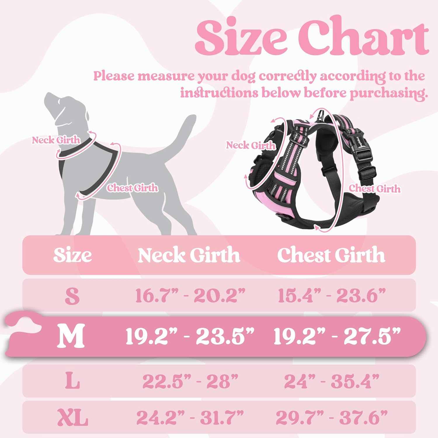Detalle de rabbitgoo Dog Harness Medium - No-Pull Adjustable Vest with 3 Buckles, Reflective Mesh, Pink, M