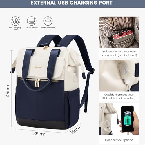Thumbnail 6 de LOVEVOOK Mochila para portátil de mujer, 14 bolsillos, beige y azul oscuro