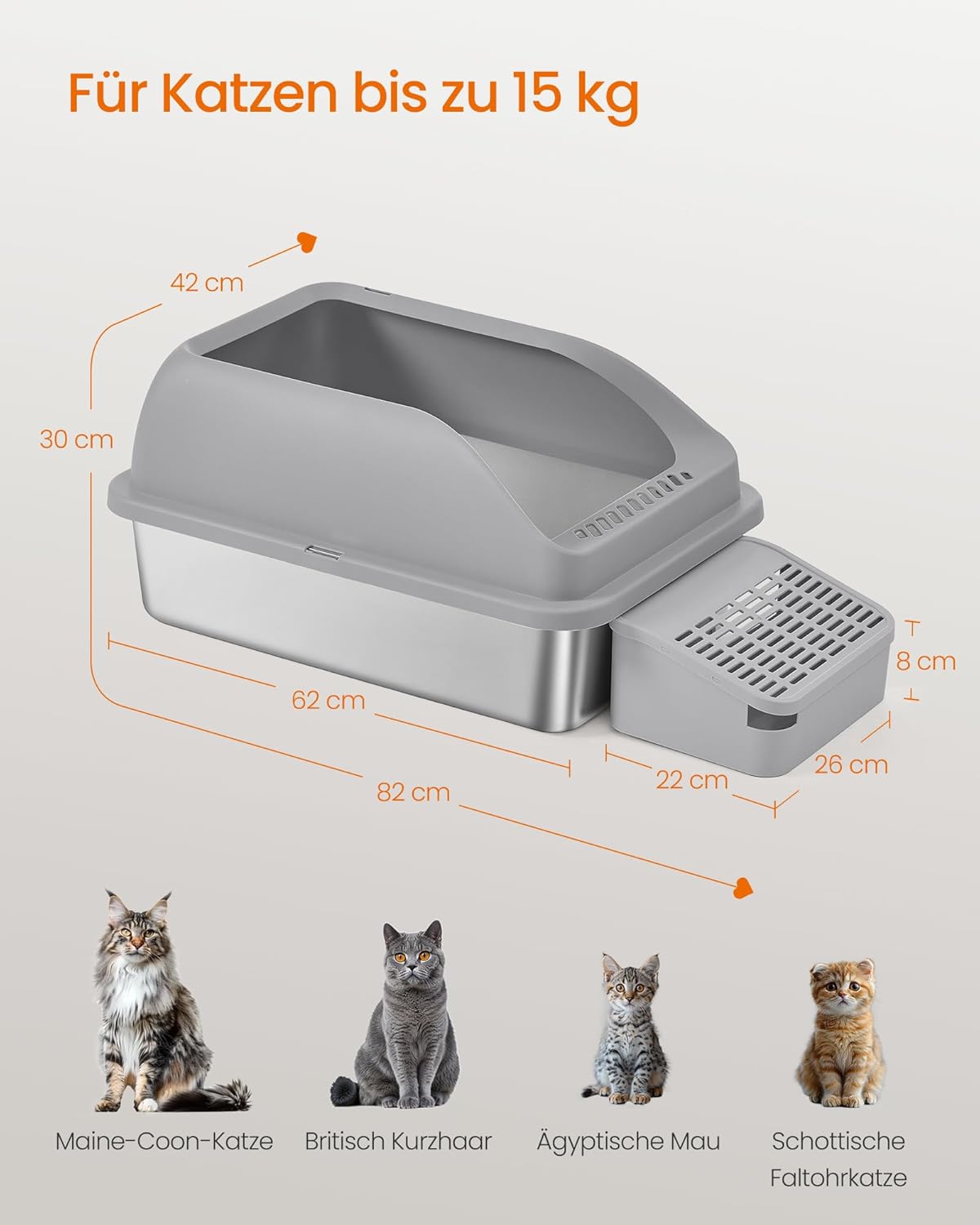 Thumbnail 5 de Feandrea Katzenklo aus Edelstahl mit hohen Seitenwänden, Trittstufe & Zubehör – für Katzen bis 15 kg, schiefergrau