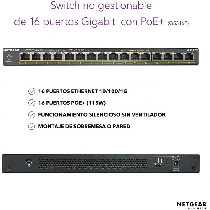 Detalle 2 de Netgear GS316P Switch 16 Puertos Gigabit PoE: una opción fiable para oficinas pequeñas