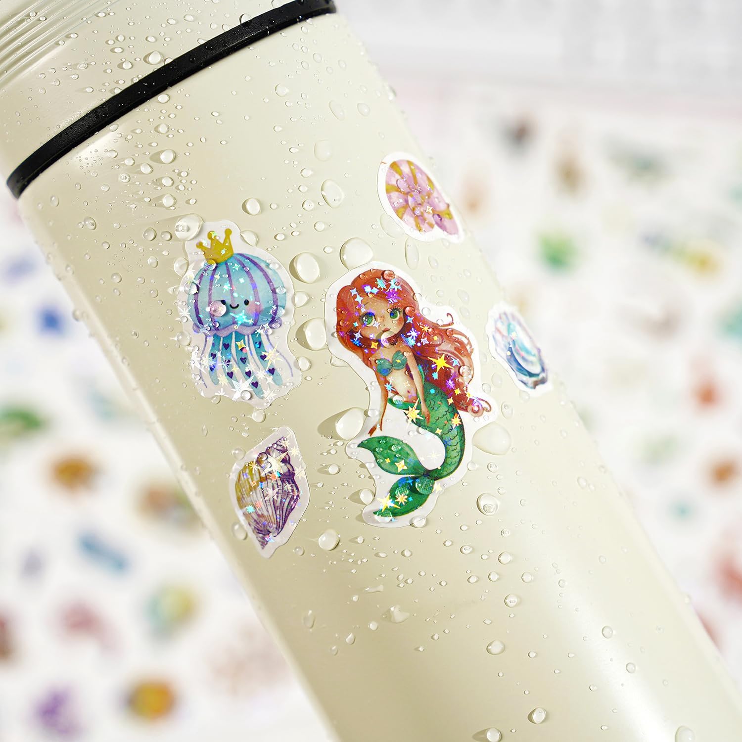 Detalle de Meerjungfrau Glitzer Sticker-Set: 8 Blatt mit über 200 Motiven, holografische Glitzerfolie