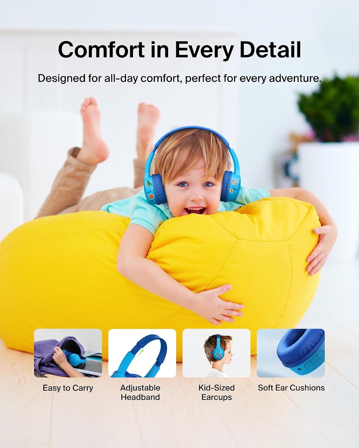 Detalle 2 de Belkin SoundForm Mini Kids Wireless Bluetooth Headphones (30H Battery, 85dB Safe Volume) with Mic, Blue