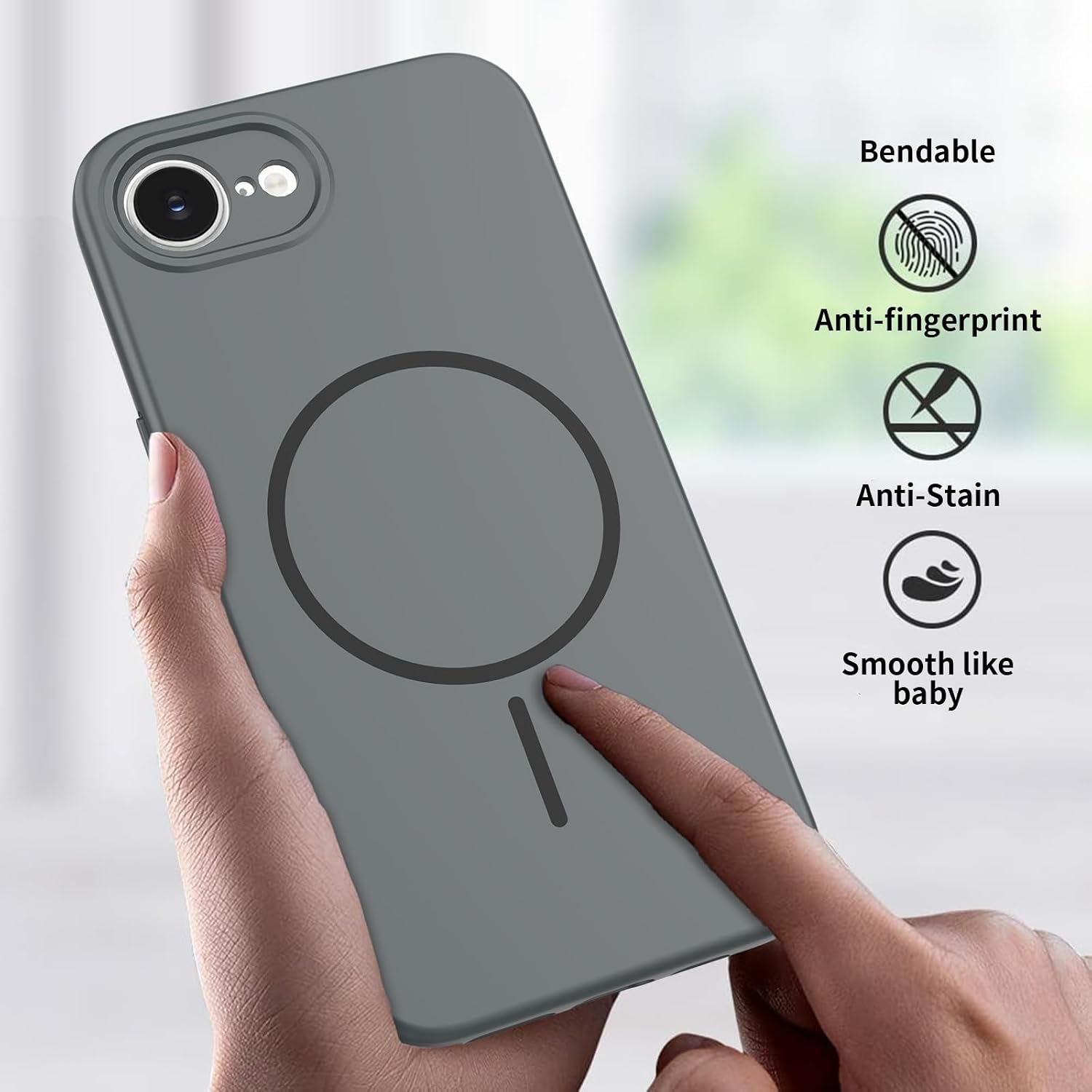 Detalle de YIBAMI Magnetic Silicone Case for iPhone 16e (6.1”) – Black with MagSafe Compatibility