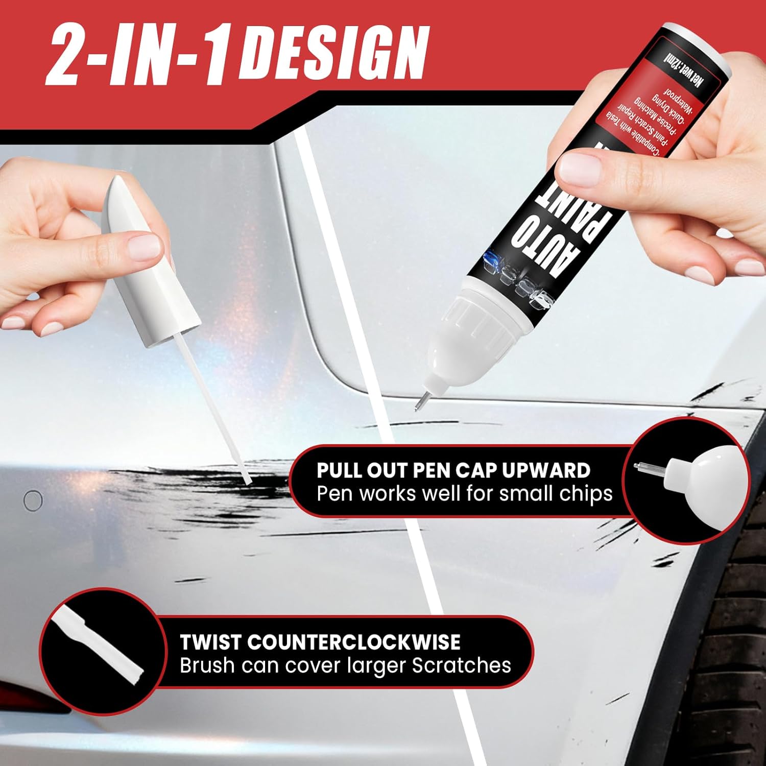 Detalle de Touch Up Paint for Cars (Pearl White Multi-Coat PPSW) 2-in-1 Scratch Repair Pen for Tesla Model Y/3/X/S, 0.4 fl oz