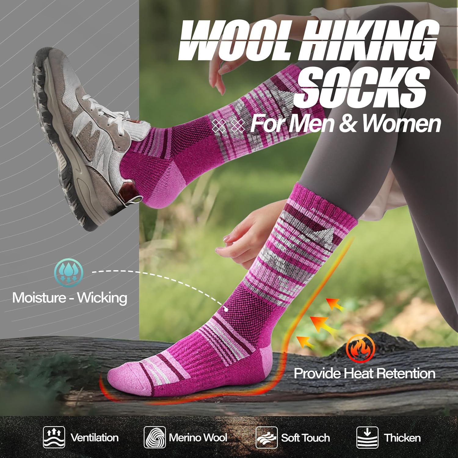 Detalle de ANTSANG Merino Wool Hiking Socks, 5-Pair Pack with Targeted Cushioning