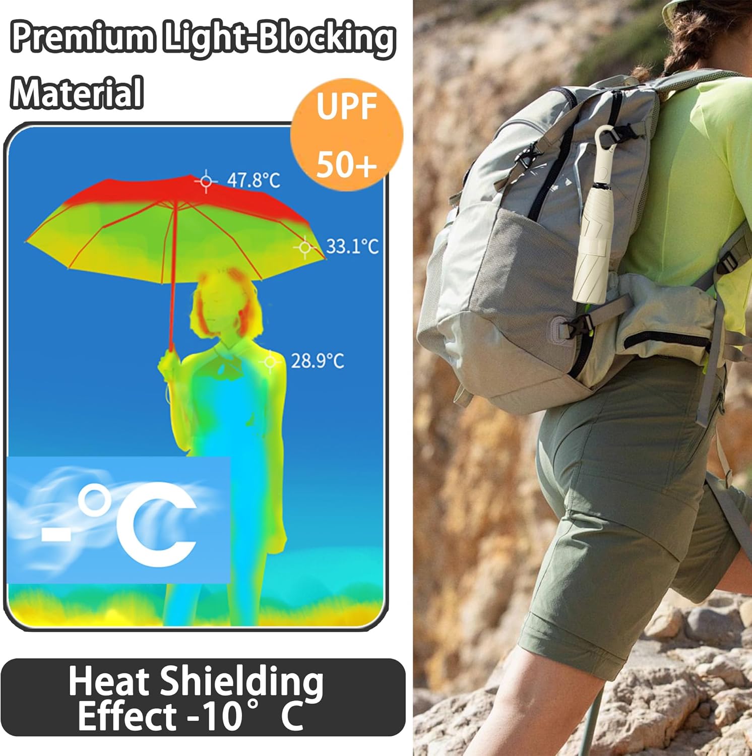 Thumbnail 6 de Ring Carabiner Handle Auto Open/Close Folding Travel Umbrella with UPF 50+ Teflon Coating