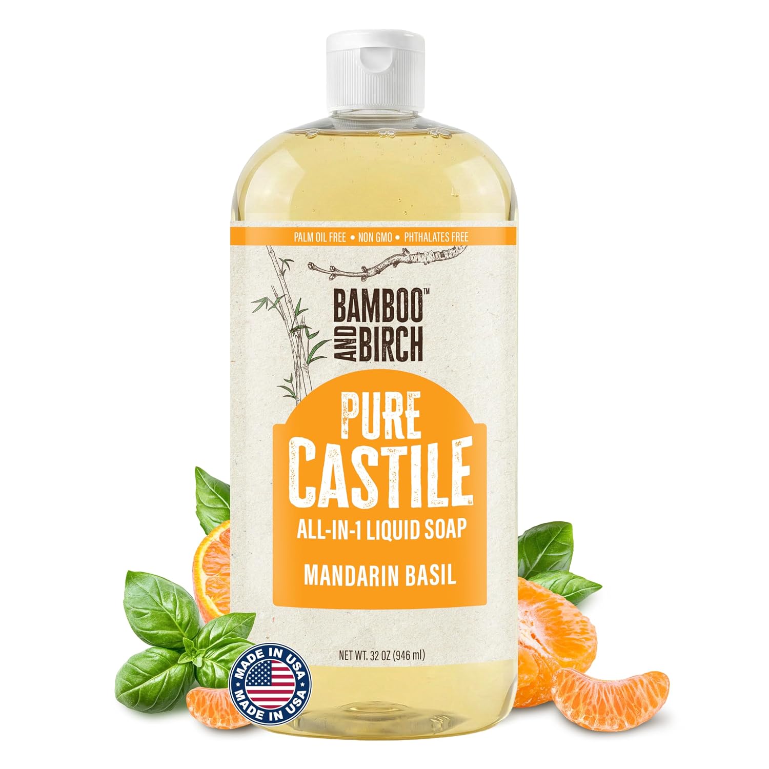 Detalle de BAMBOO AND BIRCH Pure Castile Soap Liquid, Mandarin Basil, 32 oz