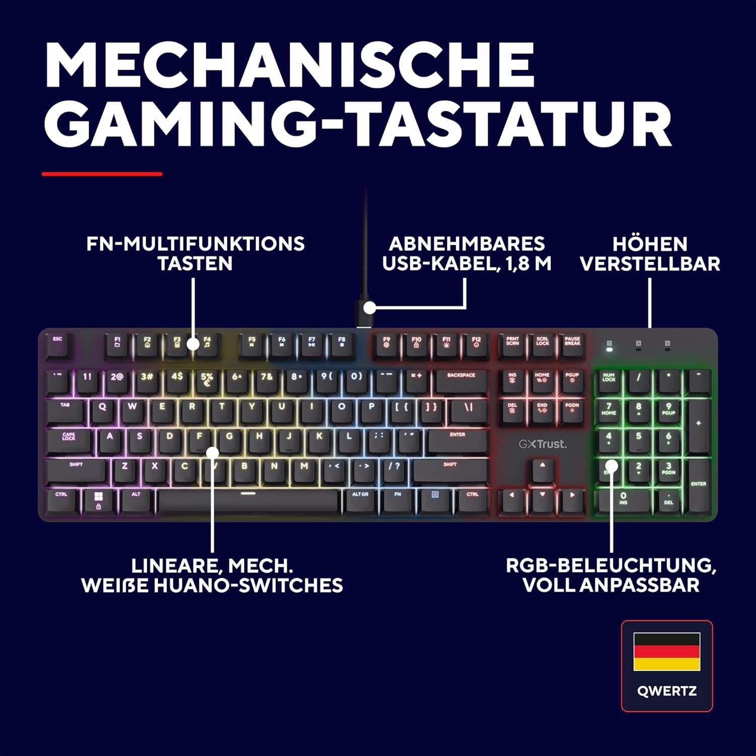 Thumbnail 2 de Trust GXT 871 Zora Mechanische Tastatur – Deutsches QWERTZ Layout, RGB, Huano Linear Switches