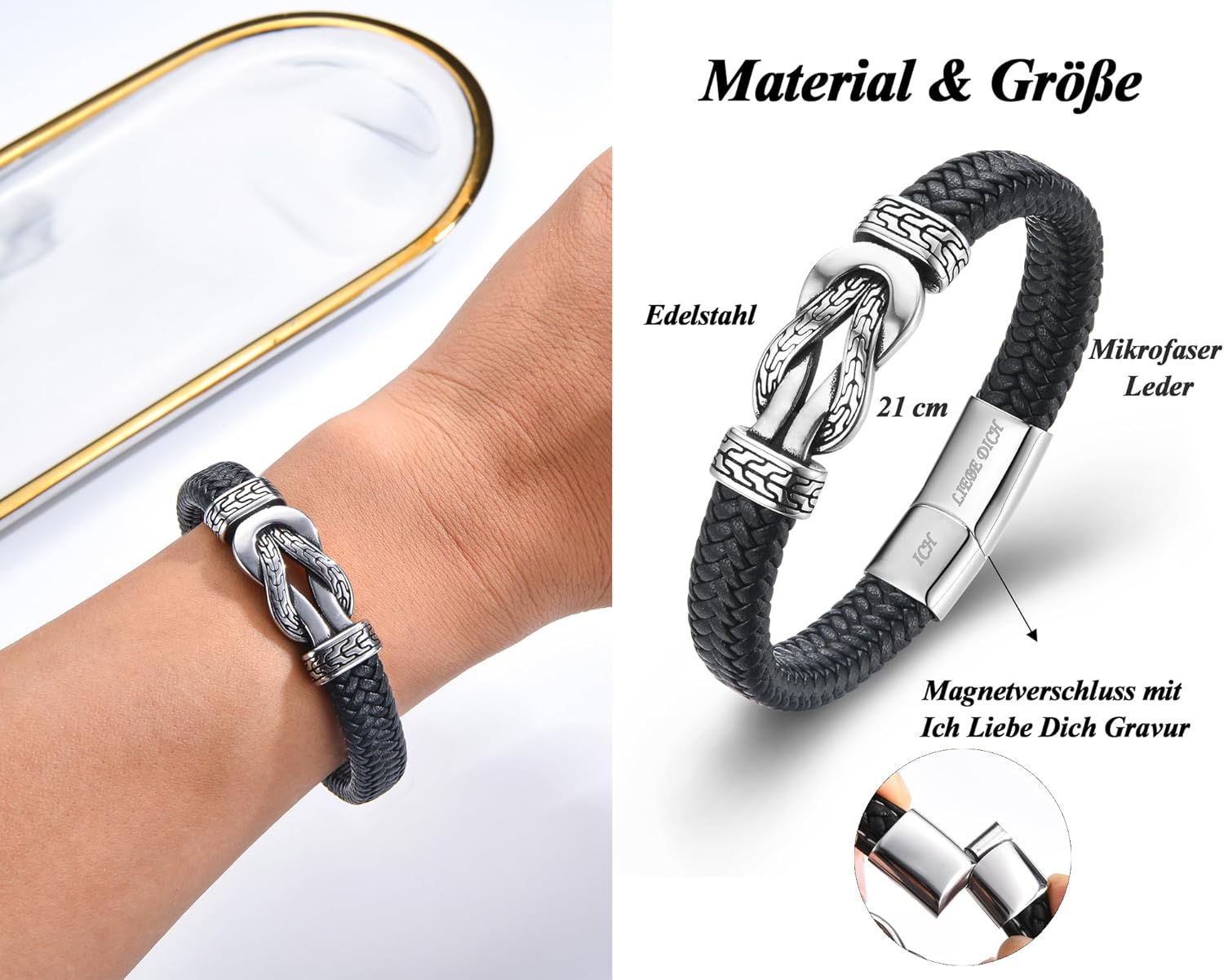 Detalle 2 de USEEDOVIA Lederarmband mit Infinity-Symbol und Magnetverschluss – Geschenkidee für Sohn, Papa oder Schatz